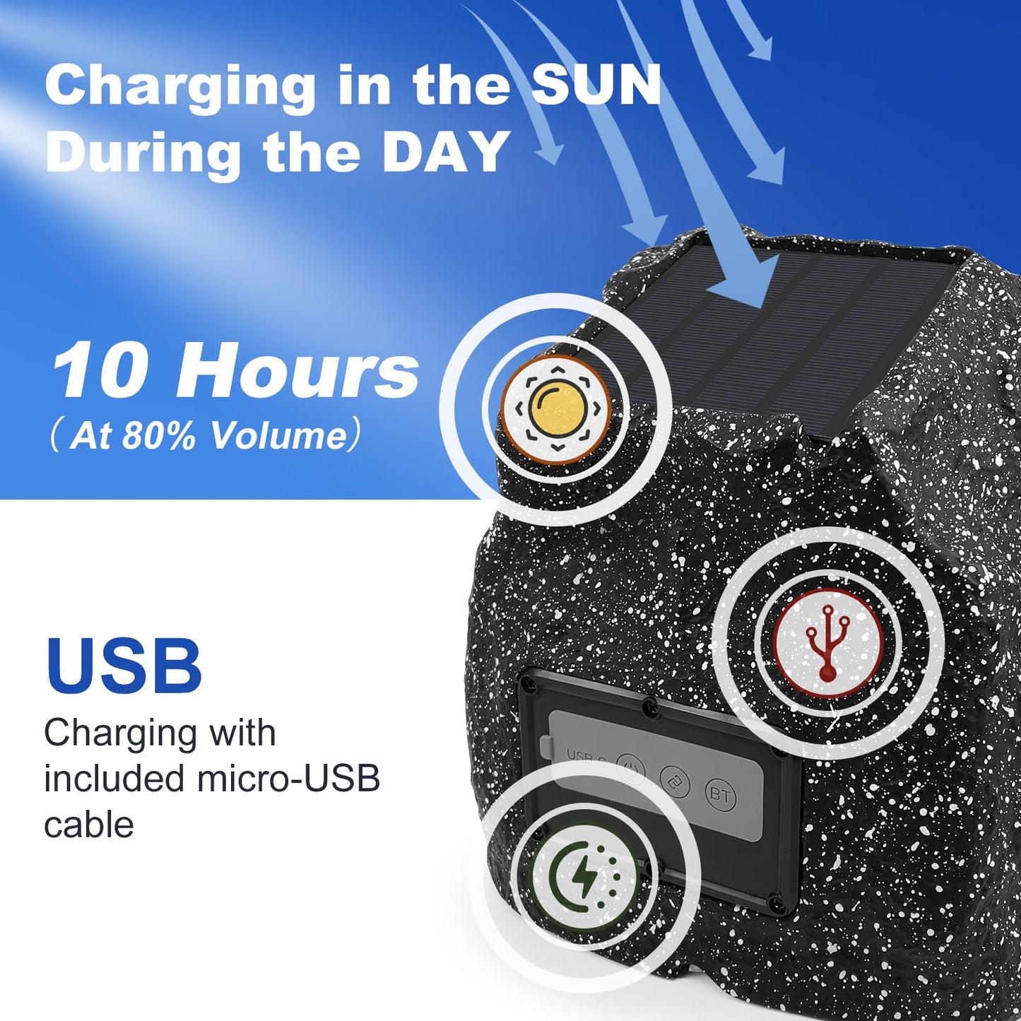 STUDIOFINIX - Altavoces Rock de 8 pulgadas impermeables al aire última intervensión, altavoz inalámbrico Bluetooth 5.3, alimentado por energía solar, pico máximo de 240 W para jardín, patio, cubierta,