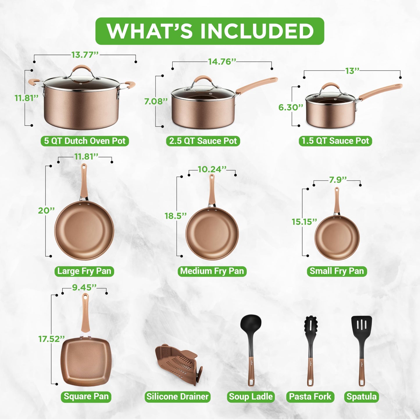 NutriChef - Juego de utensilios de cocina antiadherentes de 14 piezas con cacerola, sartenes, ollas de cocina, olla holandesa, tapas, utensilio, dorado