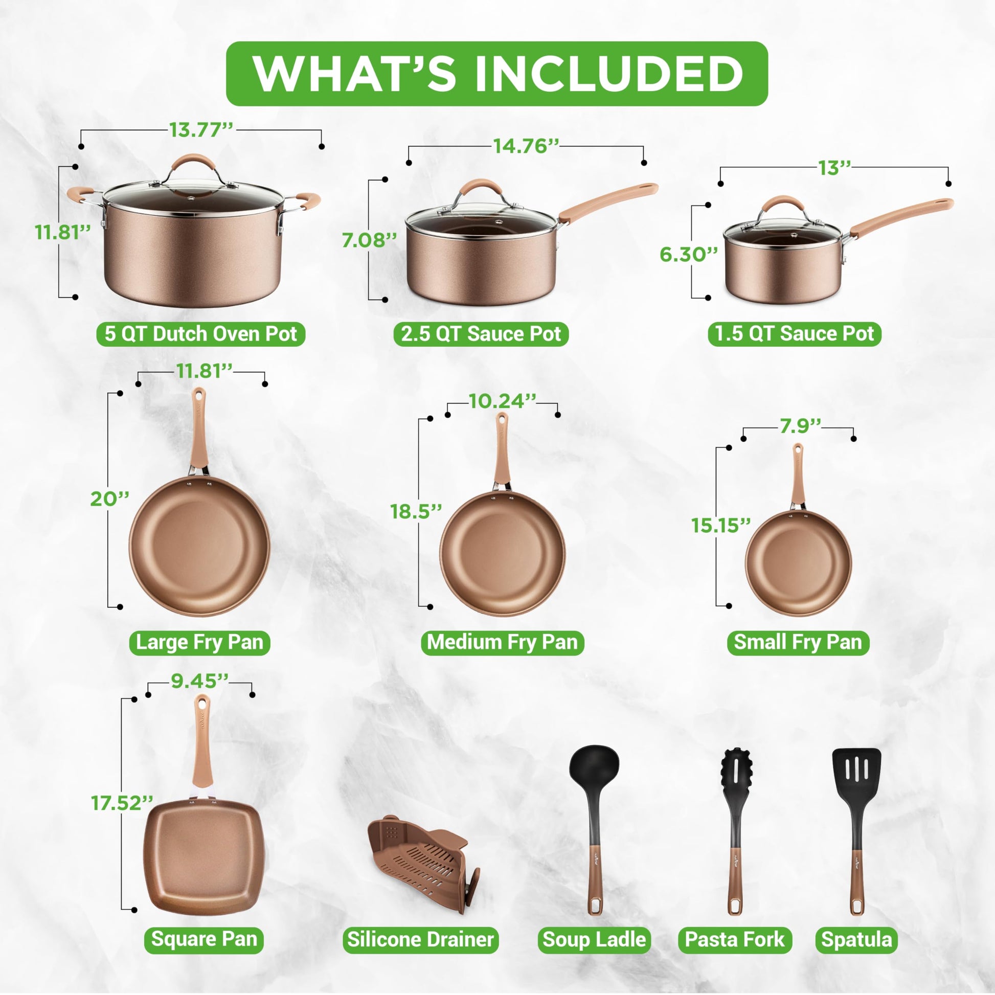 NutriChef - Juego de utensilios de cocina antiadherentes de 14 piezas con cacerola, sartenes, ollas de cocina, olla holandesa, tapas, utensilio, dorado