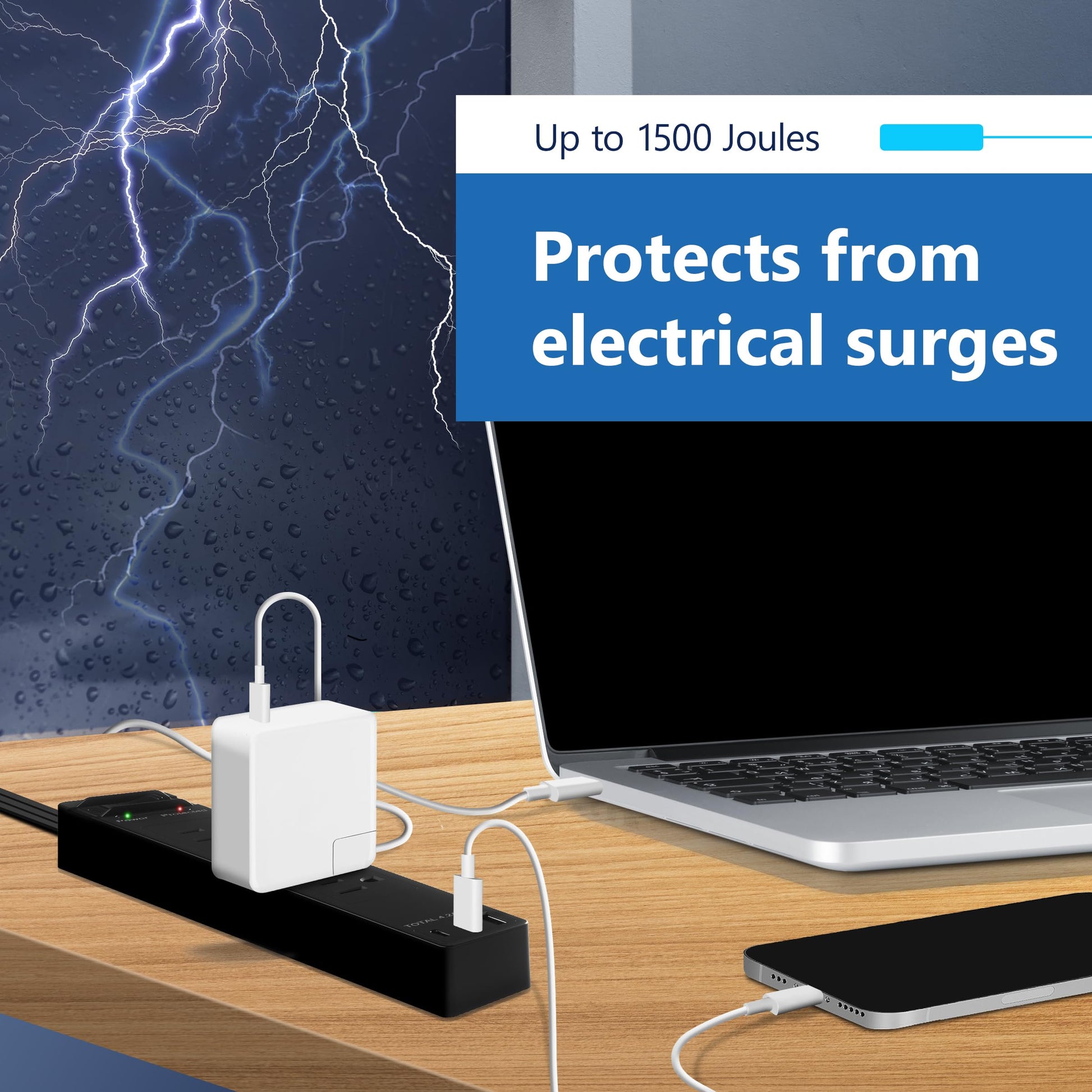 LIDER Extensor de toma con 4 receptáculos, USB-A y 2 USB-C, enchufe plano ultrafino con extensor de cable, tira de alimentación de 4 tomas, ángulo de 45 grados, protección contra sobretensiones 1500