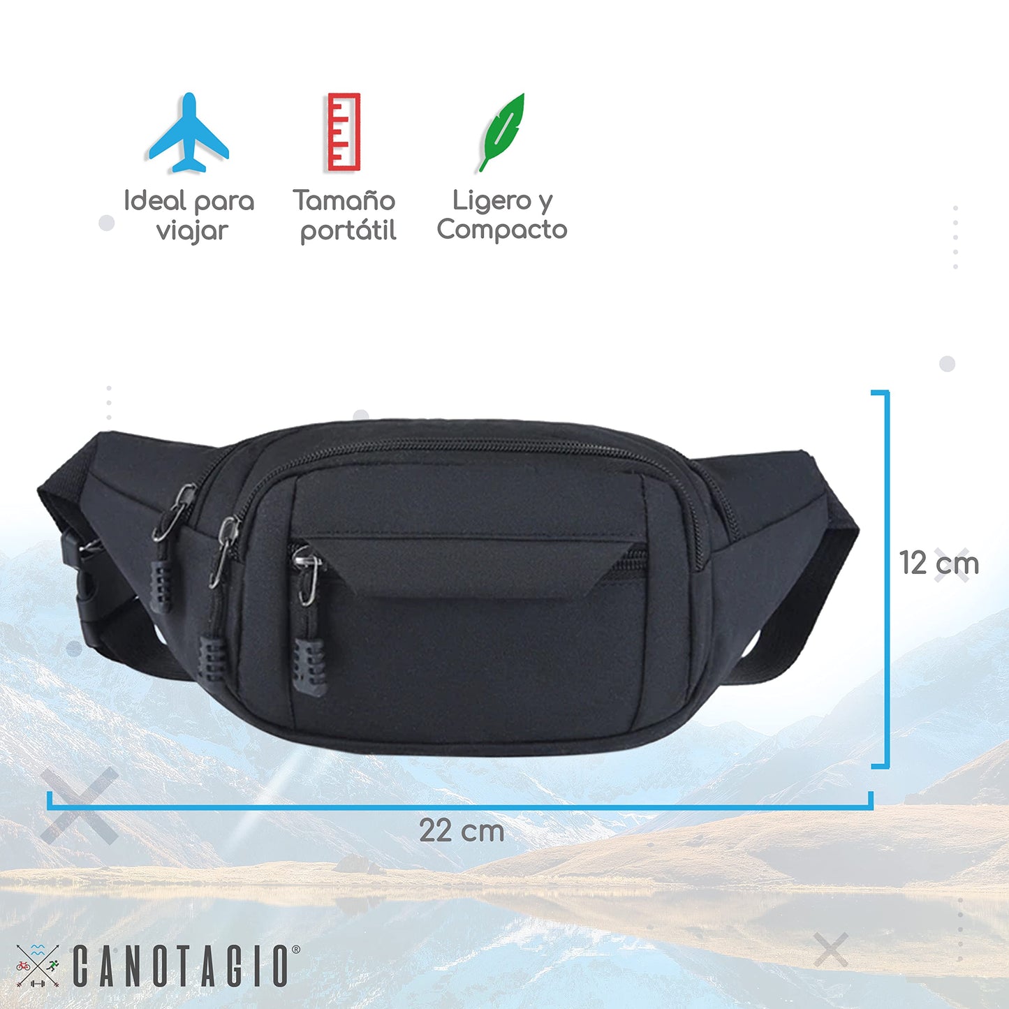 Canotagio Cangurera Deportiva de Viaje con Tela Impermeable de Amplia Capacidad. Para Hombre y Mujer. Excelente Riñonera de Viaje Ajustable. Fanny Pack/Running Belt/Travel Pouch. (Negro)