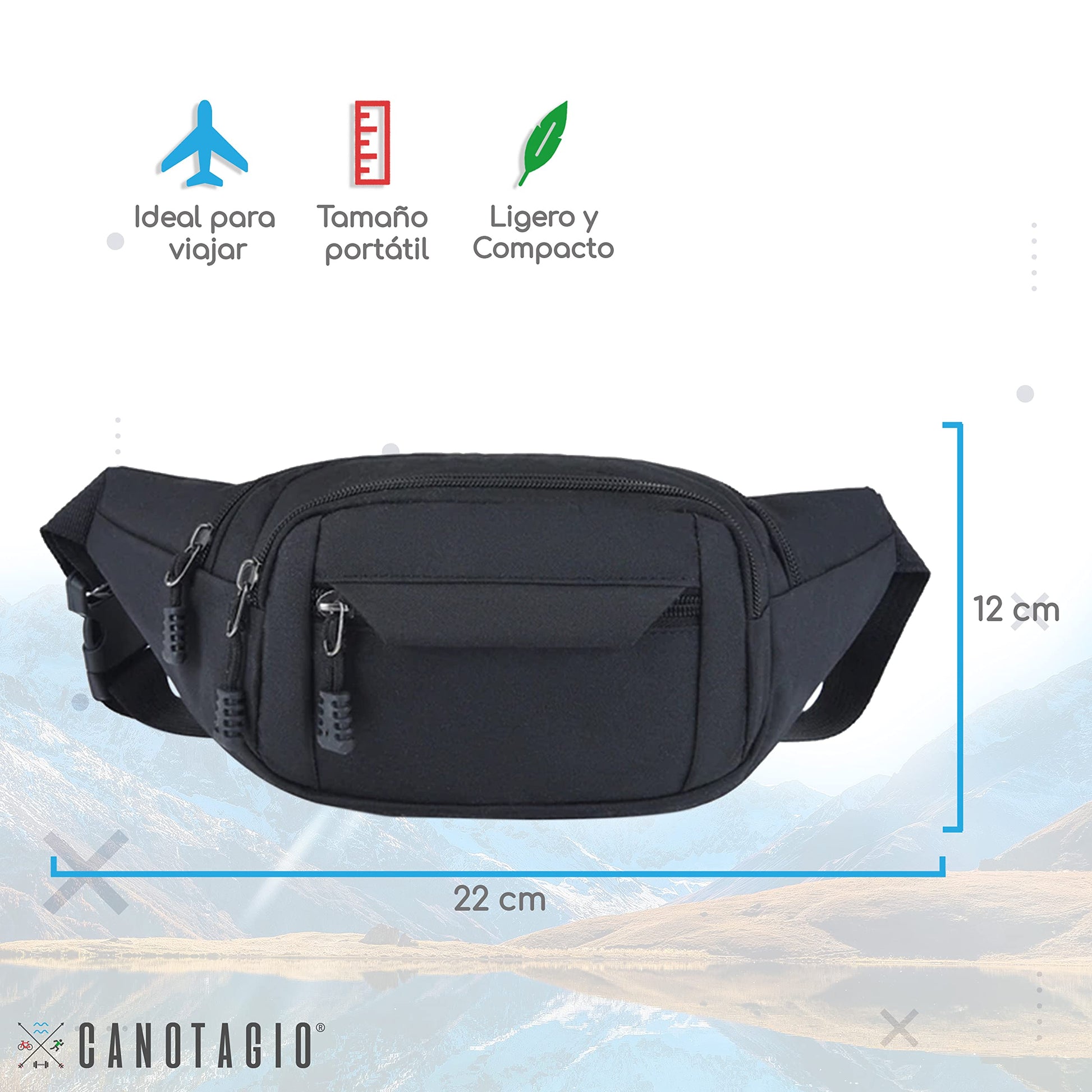 Canotagio Cangurera Deportiva de Viaje con Tela Impermeable de Amplia Capacidad. Para Hombre y Mujer. Excelente Riñonera de Viaje Ajustable. Fanny Pack/Running Belt/Travel Pouch. (Negro)