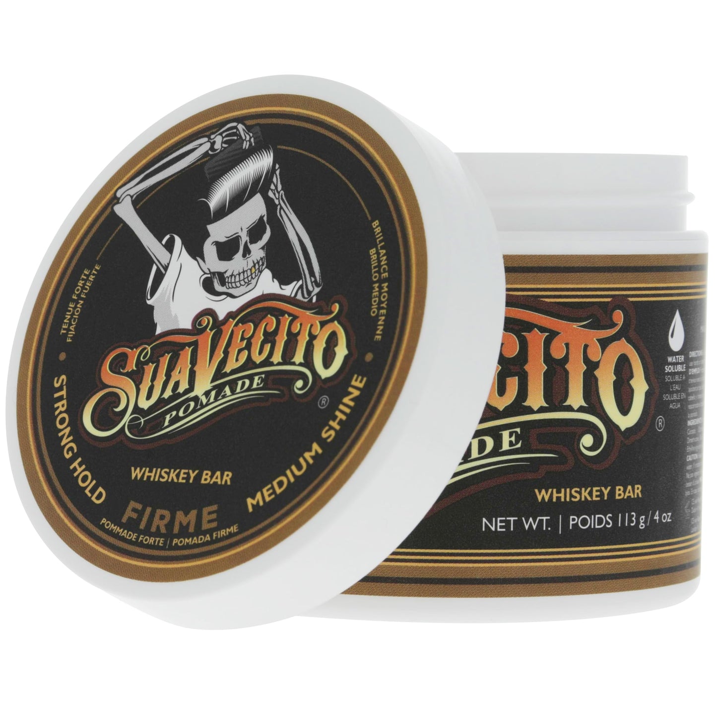 Suavecito Pomade Firme Cera Para Cabello de Fijacion Media Brillo Medio Todo Tipo de Cabello Aroma Whiskey Bar 113g