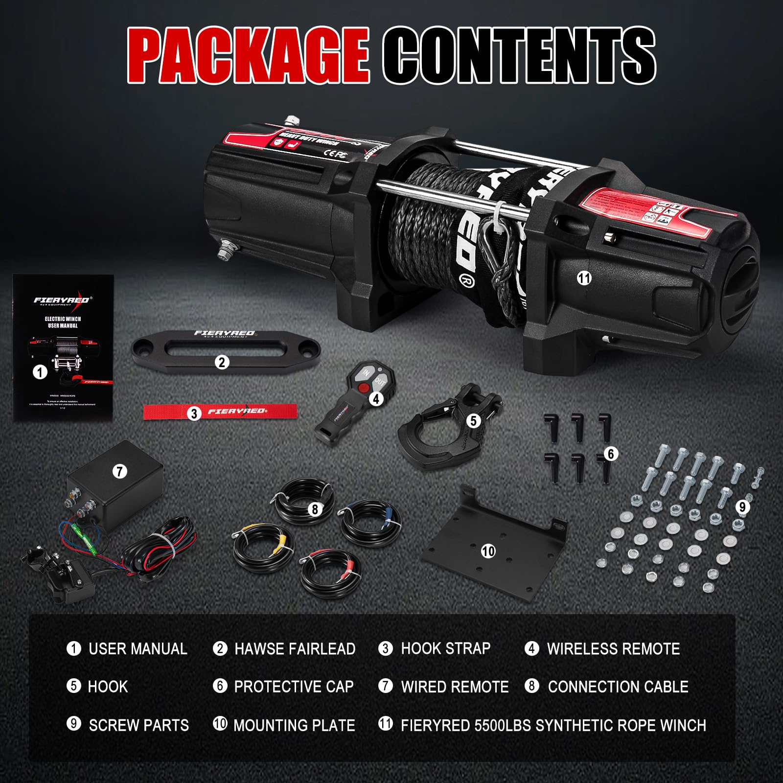 FieryRed - Cabrestante eléctrico para ATV/UTV, 12 V, 5500 libras, con cuerda sintética, con control remoto inalámbrico, Hawse de aluminio y soporte de montaje, impermeable IP67