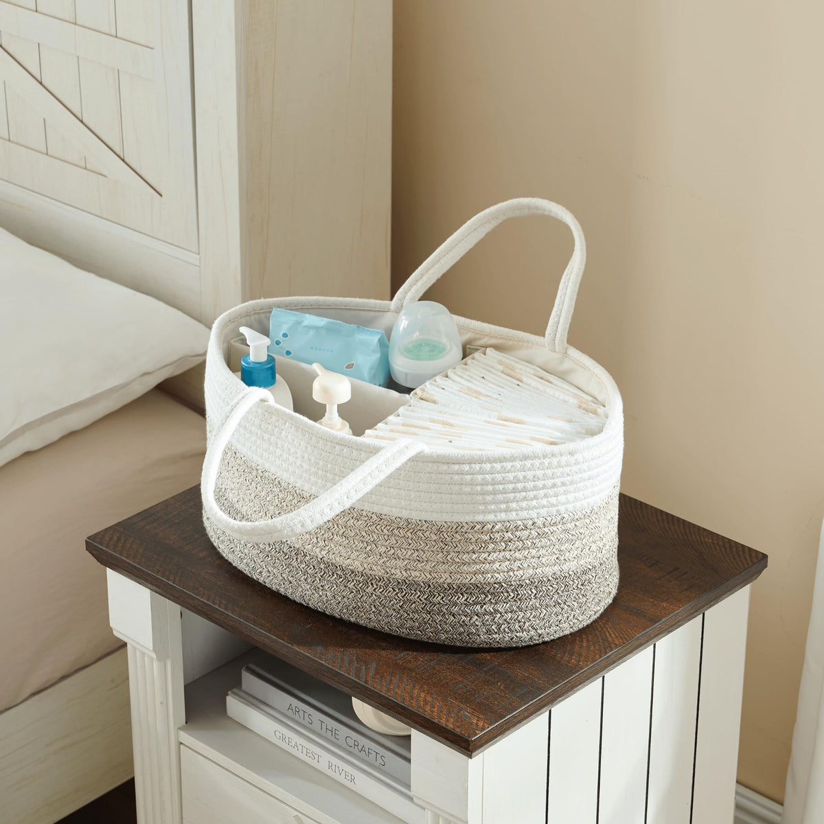 Organizador de pañales para bebé, cesta de pañales grande de cuerda de algodón, organizador de cambiador, bolsa portátil con divisor, almacenamiento de coche, regalos de baby shower para niñas recién