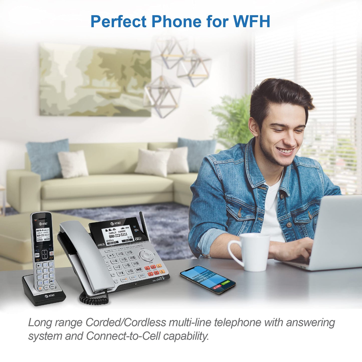 AT&T TL86103 DECT 6.0 Connect to Cell 2 Line Answering System with Caller ID/Call Waiting, 1 Corded & 1 Cordless Handset, Silver/Black