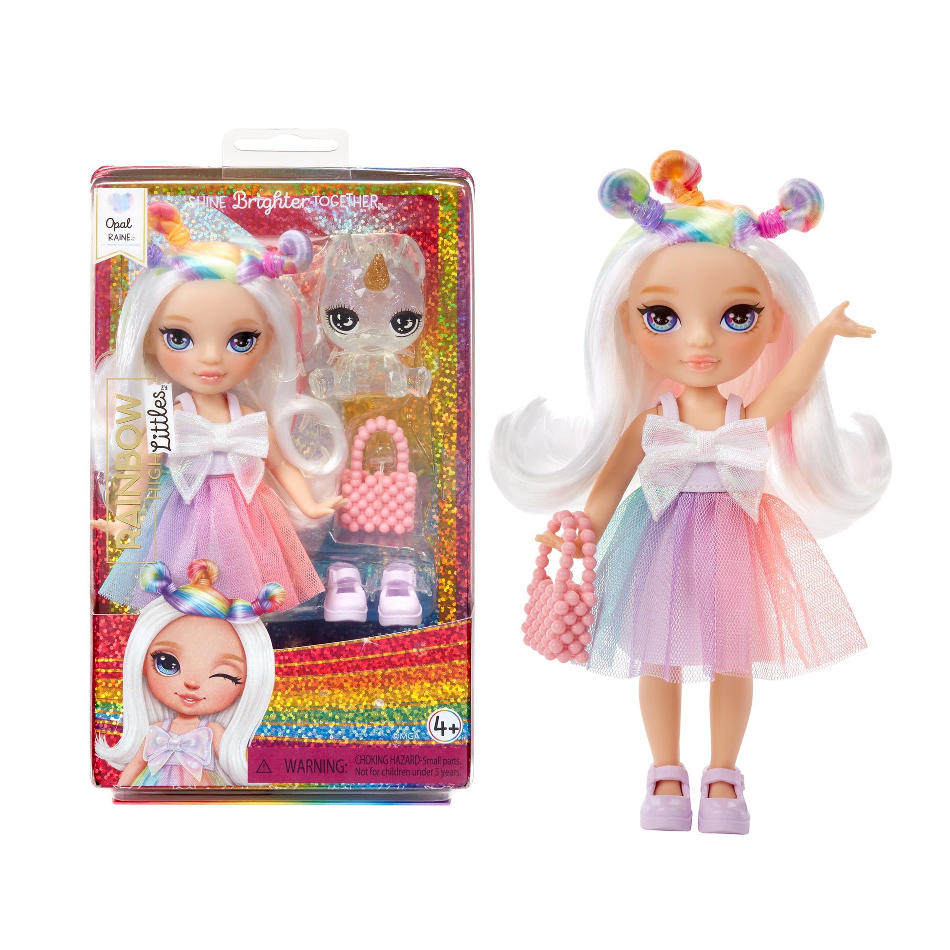 Muñeca de Moda Rainbow High Opal Raine Arco Iris Articulable con Bolso y Unicornio para Niños y Coleccionistas