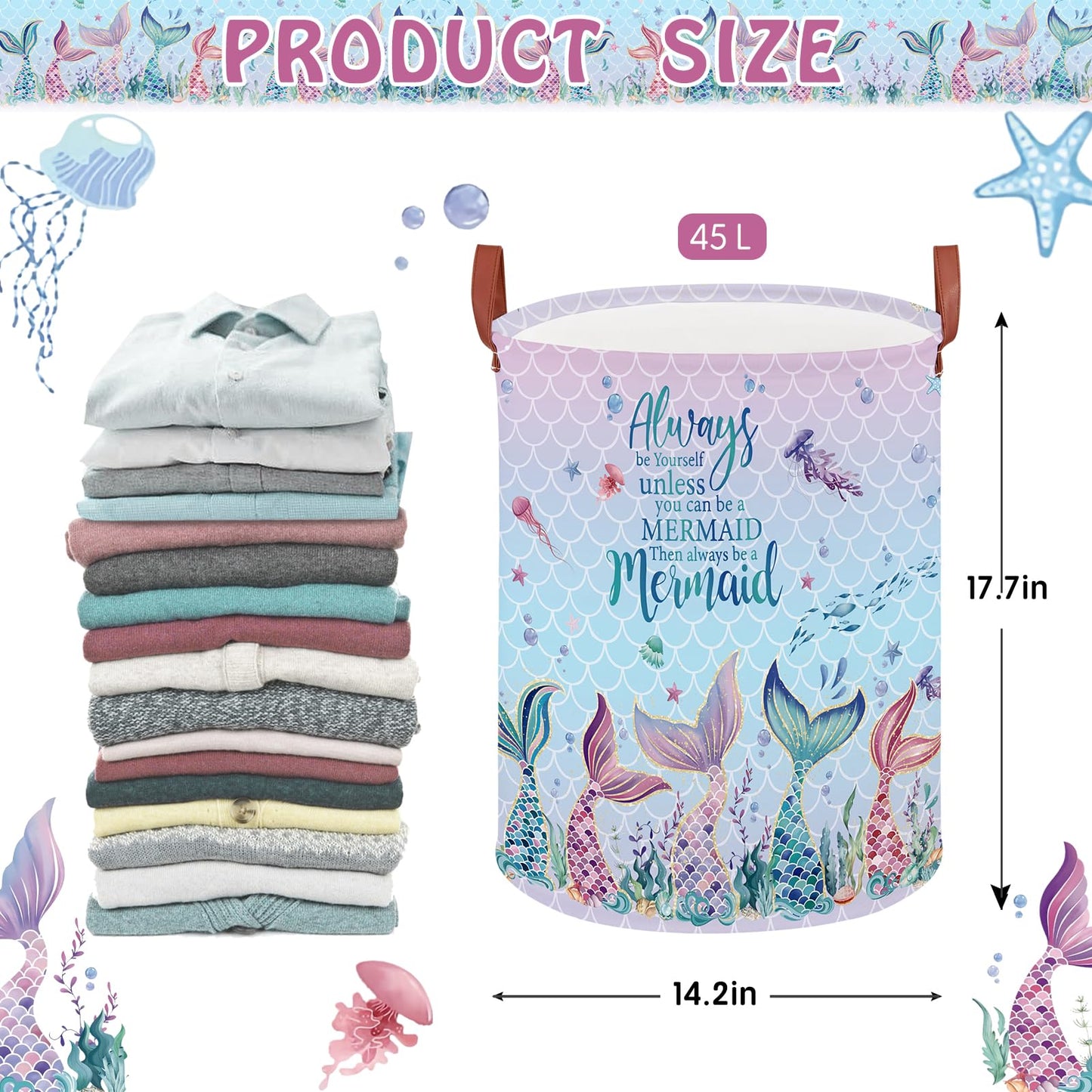 Cesta de lavandería para niños con diseño de sirena, cesta de lavandería para bebés y niñas, con diseño de océano rosa, caja de almacenamiento para ropa bajo el mar, bonita toalla de playa para
