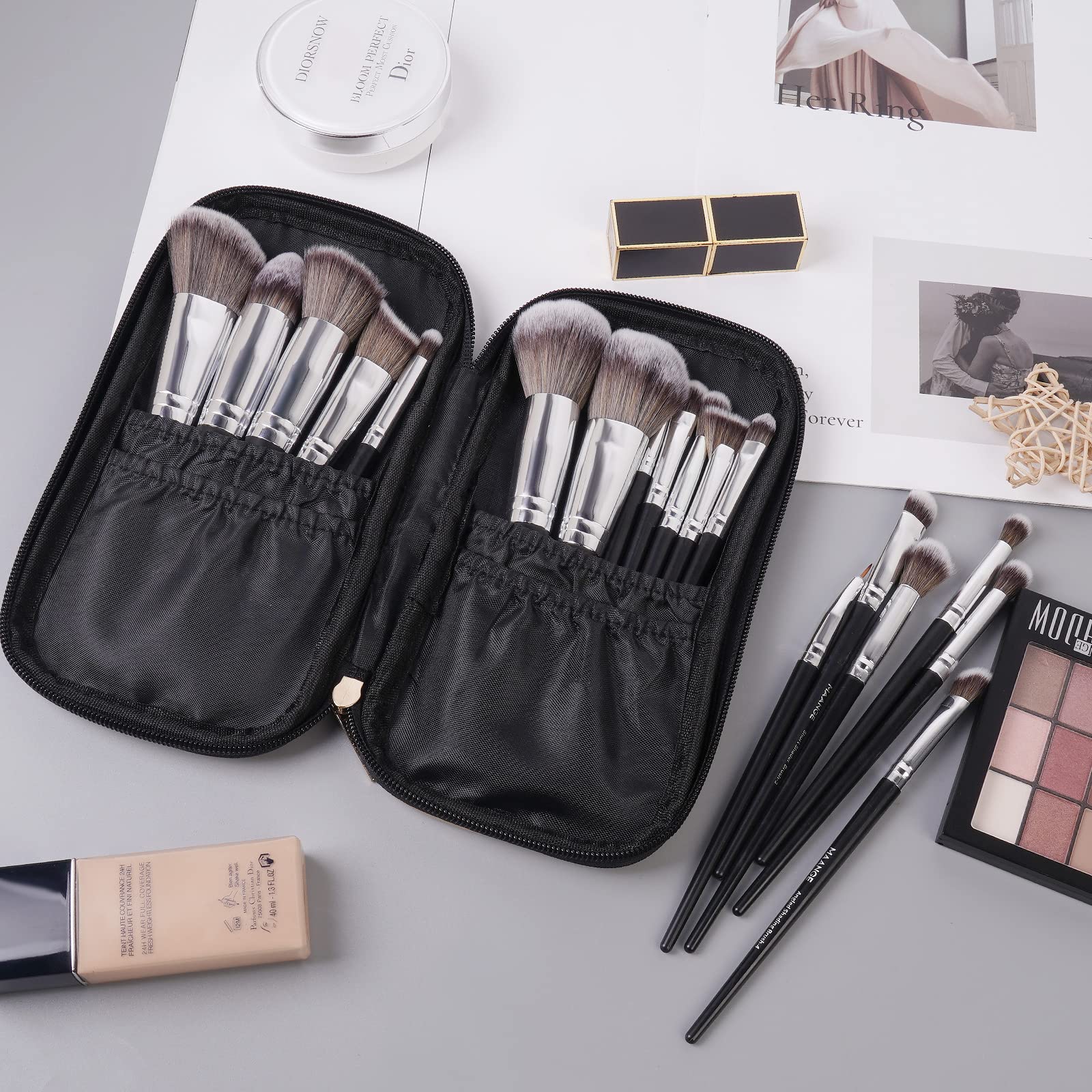 Brochas de Maquillaje con Estuche 18 Piezas Set de Brochas para Maquillaje Profesional Juego de Brochas Kabuki Sintético Premium Sombra de Ojos en Polvo para Base de Maquillaje (Plata negro)