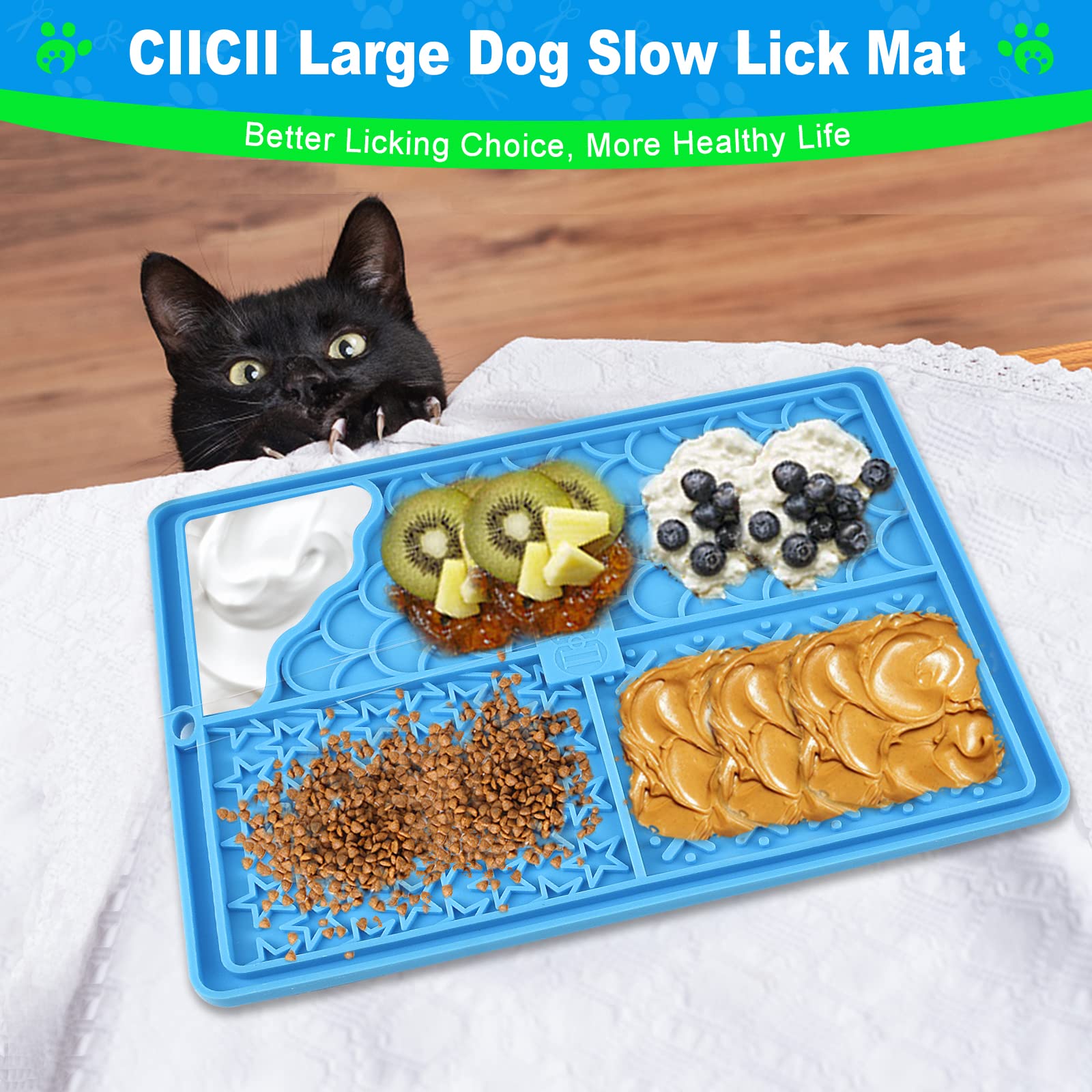 CIICII Licking Mat para Perro & Gatos, Grande Tapete para Perro Comida con Ventosa, Almohadilla para Lamer Perro Croquetas para Perro para Bañarse, Arreglarse, Entrenar y Cuidado de Las Garras (Azul)