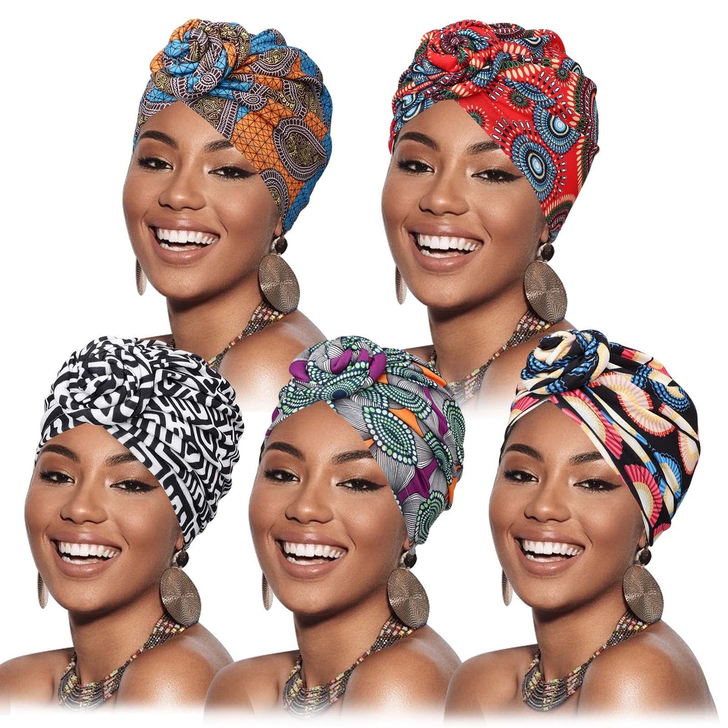 DRESHOW 5 Piezas Africano Turbante para Mujer Gorro de Nudo Pre Atado Suave Pañuelo de Cabeza Plisada de Moda Gorra de Dormi