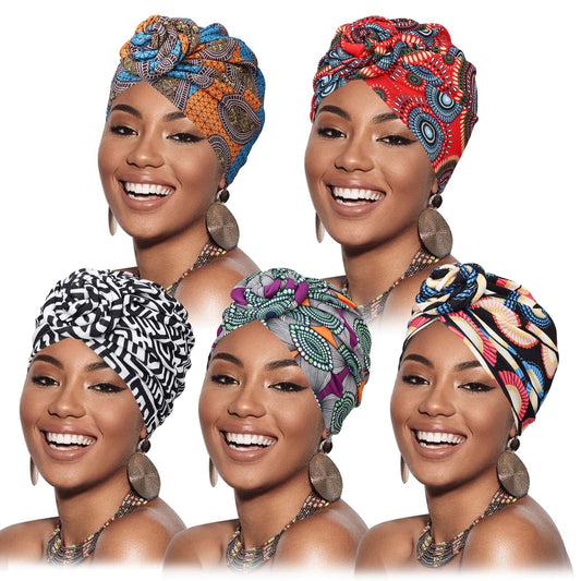 DRESHOW 5 Piezas Africano Turbante para Mujer Gorro de Nudo Pre Atado Suave Pañuelo de Cabeza Plisada de Moda Gorra de Dormi
