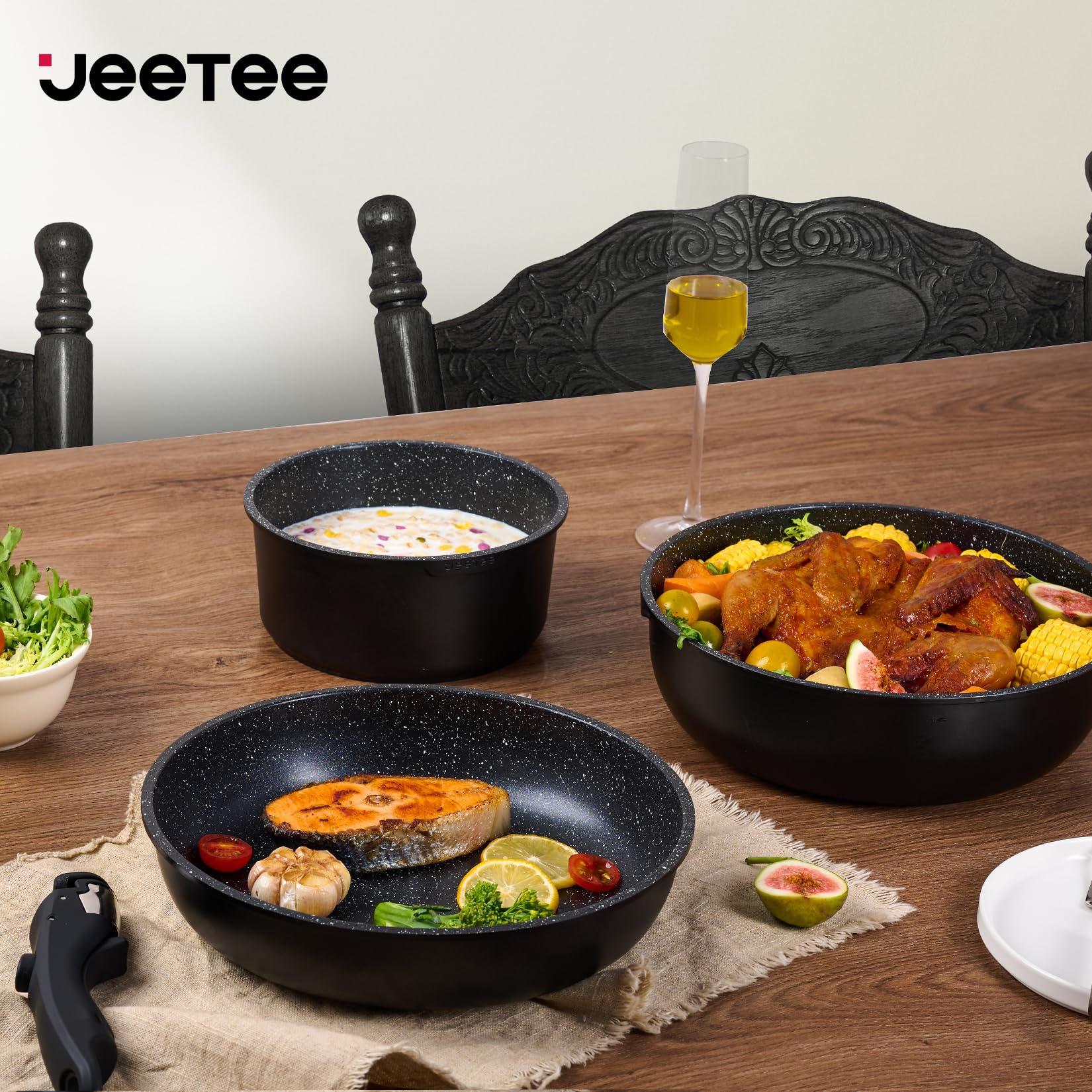 JEETEE - Juego de ollas y sartenes antiadherentes, 26 piezas, utensilios de cocina con mango extraíble/desmontable, para cocina de inducción, apto horno, apilables, para caravana, sin PFOA, negro