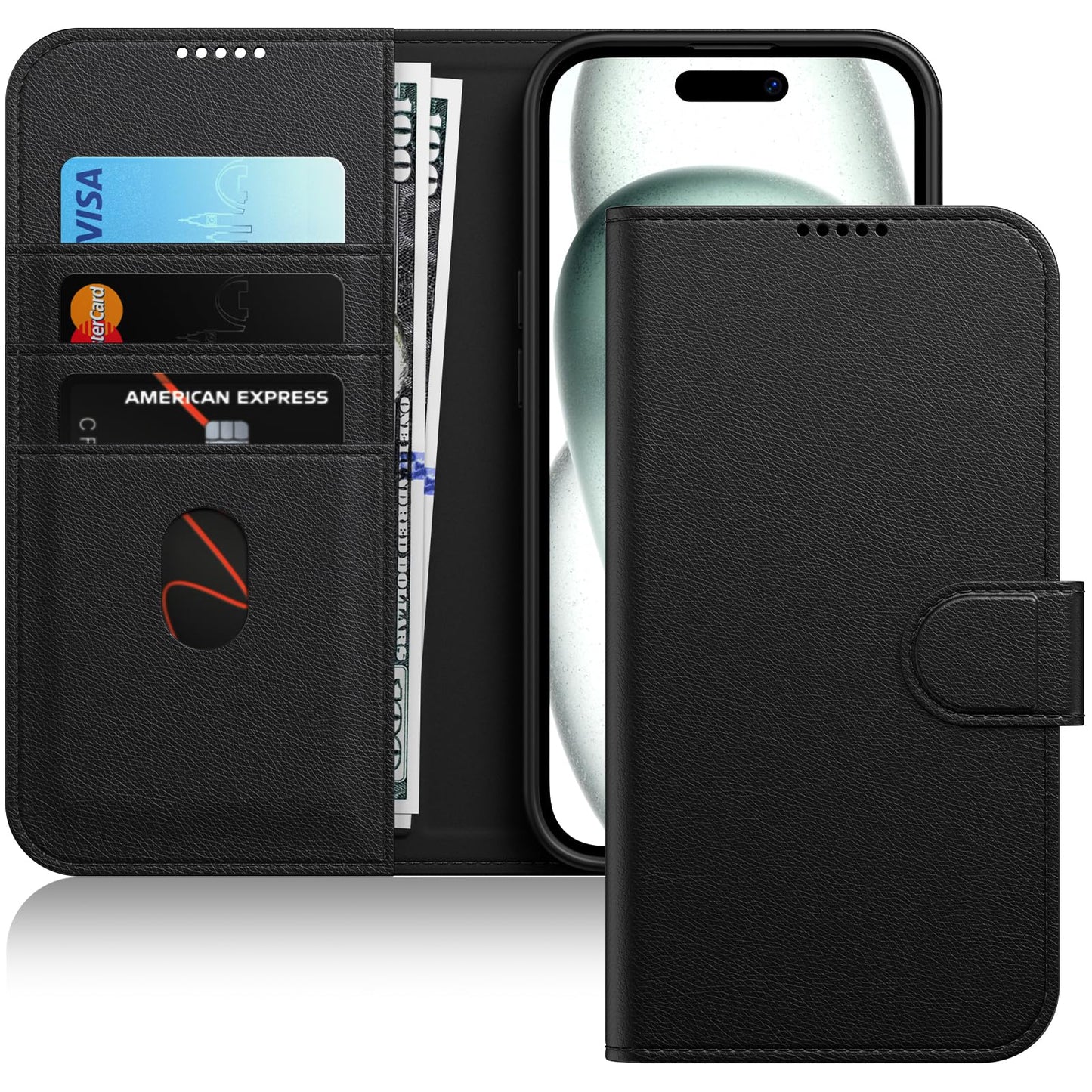 JETech Funda Billetera para iPhone 15 6.1 Pulgadas, Carcasa Flip Magnética de Cuero PU Antigolpes con Tarjetero, Función de Soporte y Protección Completa Cámara (Negro)