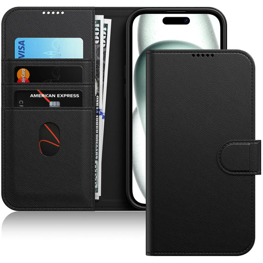 JETech Funda Billetera para iPhone 15 6.1 Pulgadas, Carcasa Flip Magnética de Cuero PU Antigolpes con Tarjetero, Función de Soporte y Protección Completa Cámara (Negro)
