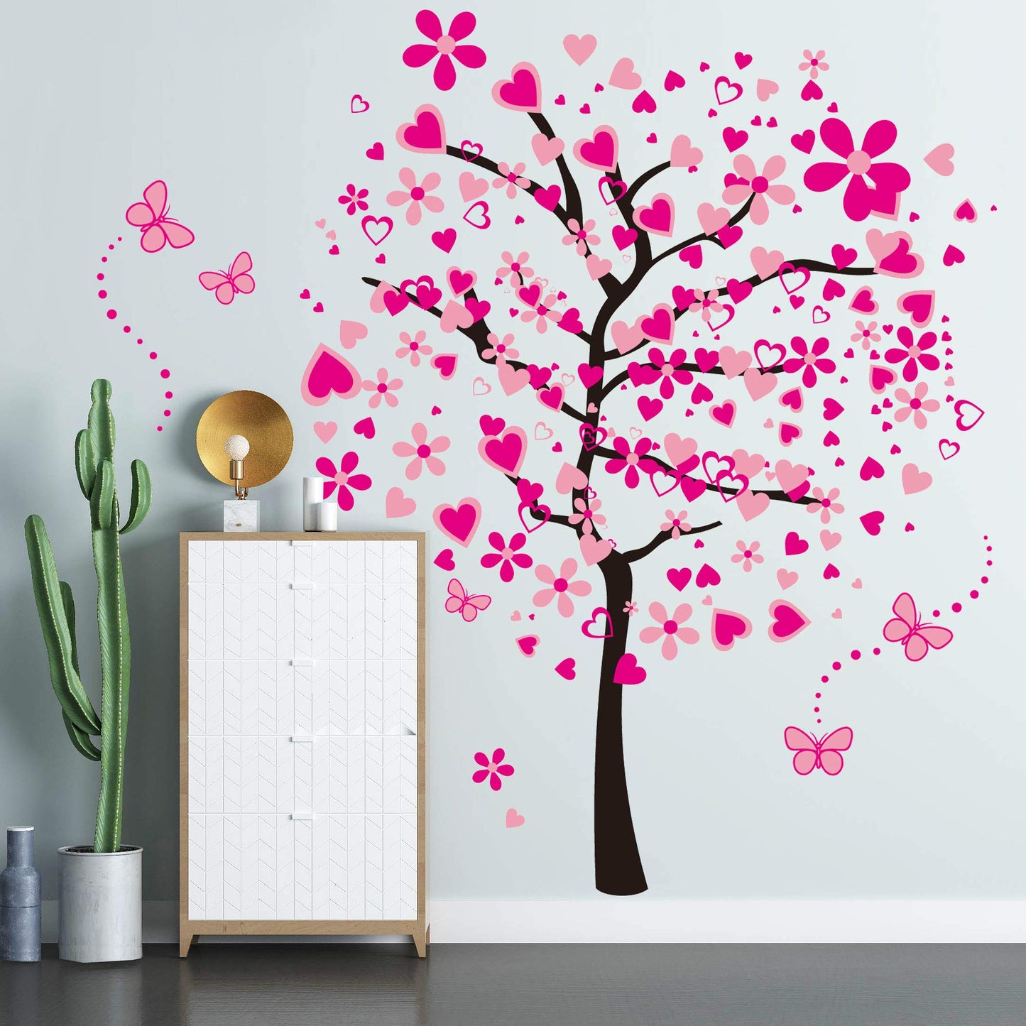 LiveGallery Adhesivos de pared extraíbles enormes de corazón rosa con flores de dibujos animados, mariposas rojas, calcomanías de pared de árbol, decoración de arte para casa, habitación de niñas