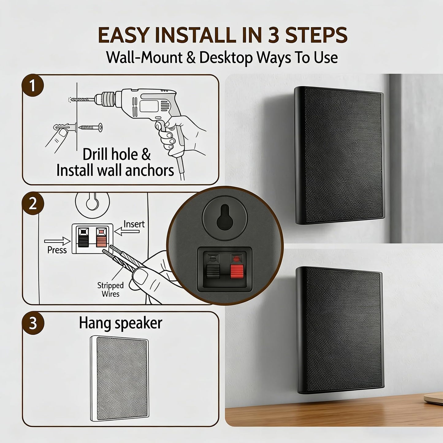 Herdio - Altavoces de Pared ultrafinos de 5.25 Pulgadas y 240 W (un par, Negro) - Diseño de Montaje en Pared con Sonido Claro nítido y construcción Duradera para Entretenimiento en el hogar inmersivo