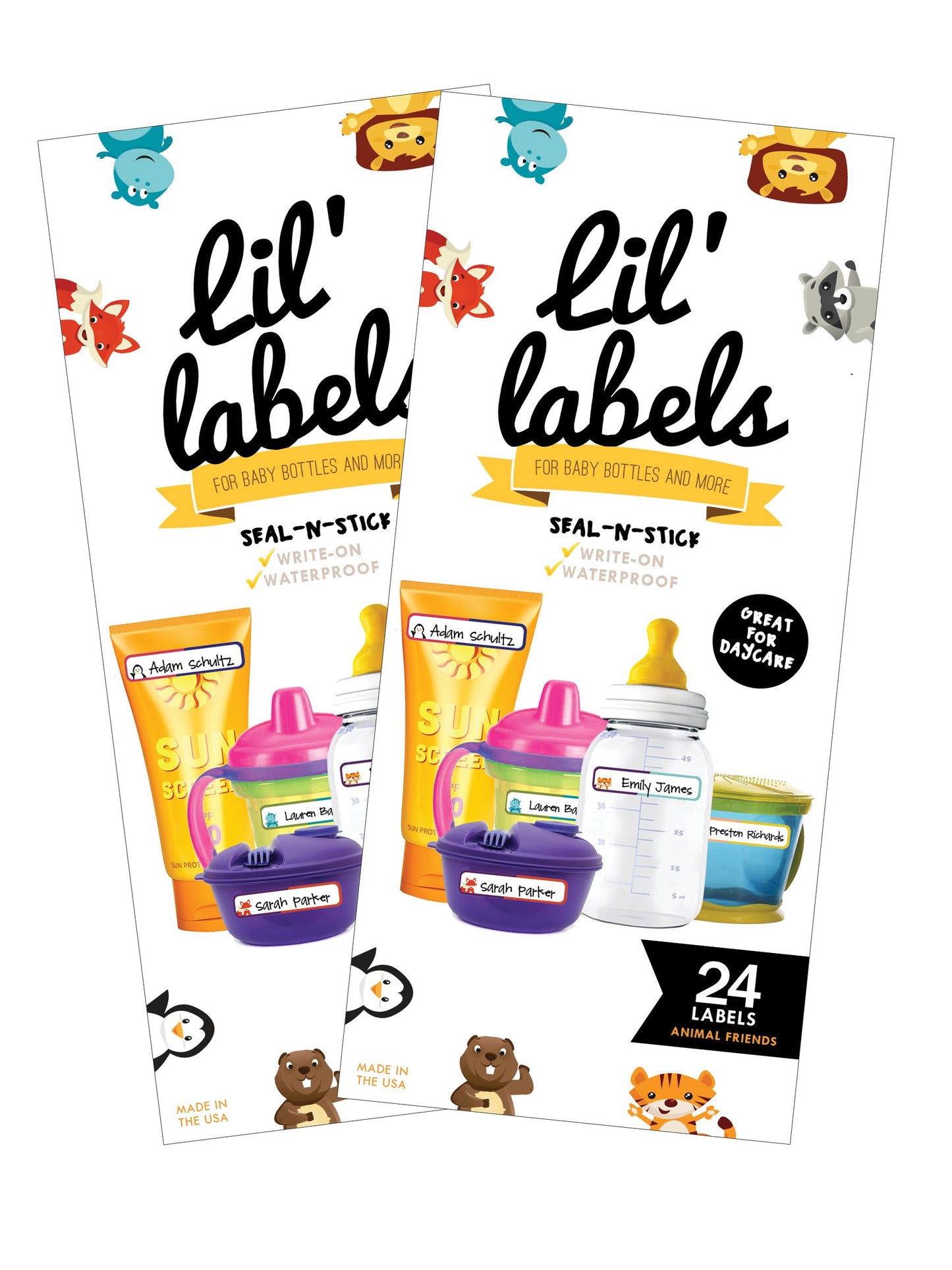 Lil' Labels Bottle Labels, Write-On Name, Self-Laminating, Waterproof, Baby Bottle Label for Daycare, Plus 2 Bonus Gifts, Animal Friends, Set of 2