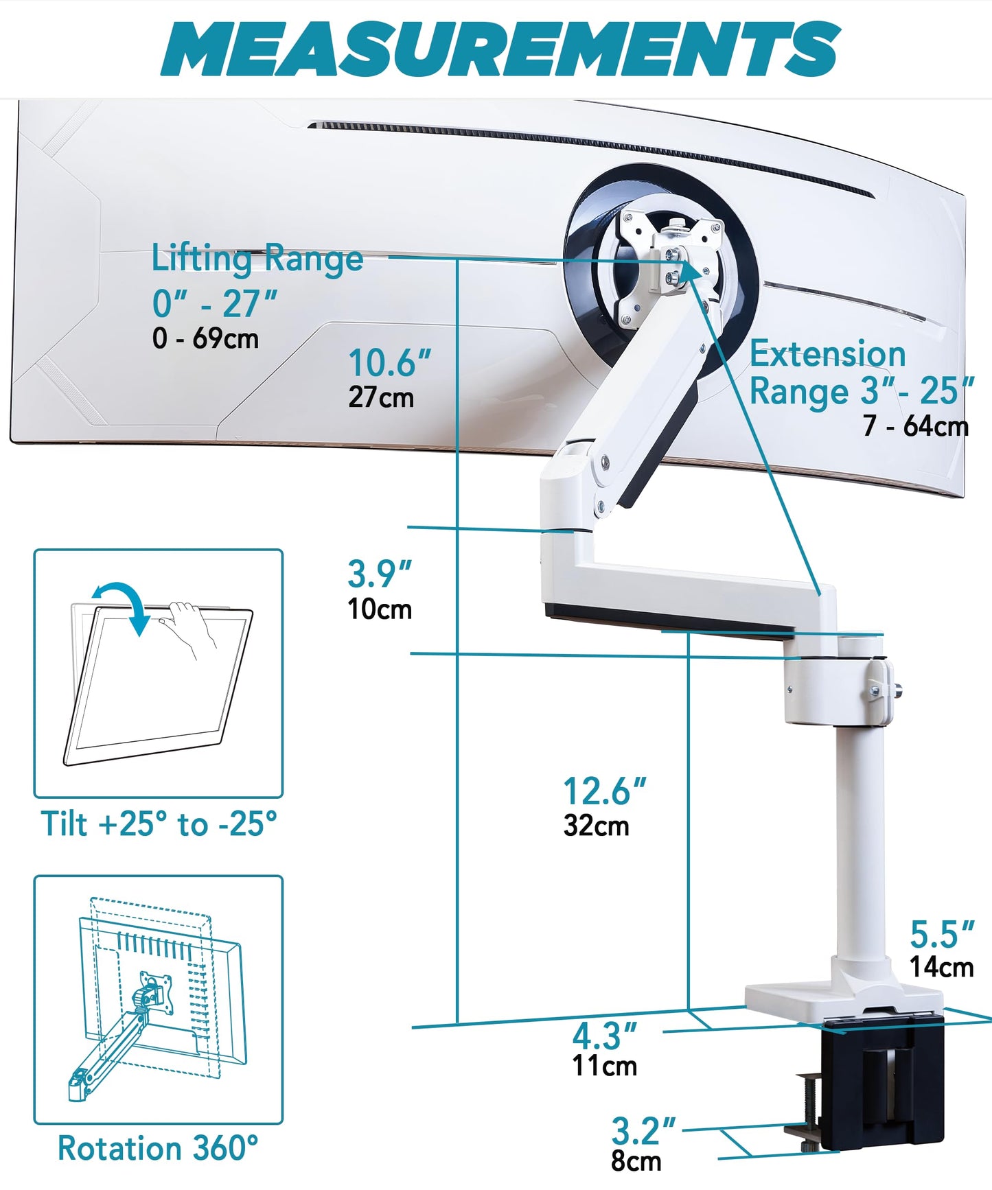 Brazo para Monitor ULTRARM Negro Ajustable para Monitores Ultrapanorámicos hasta 57" y 44 Libras