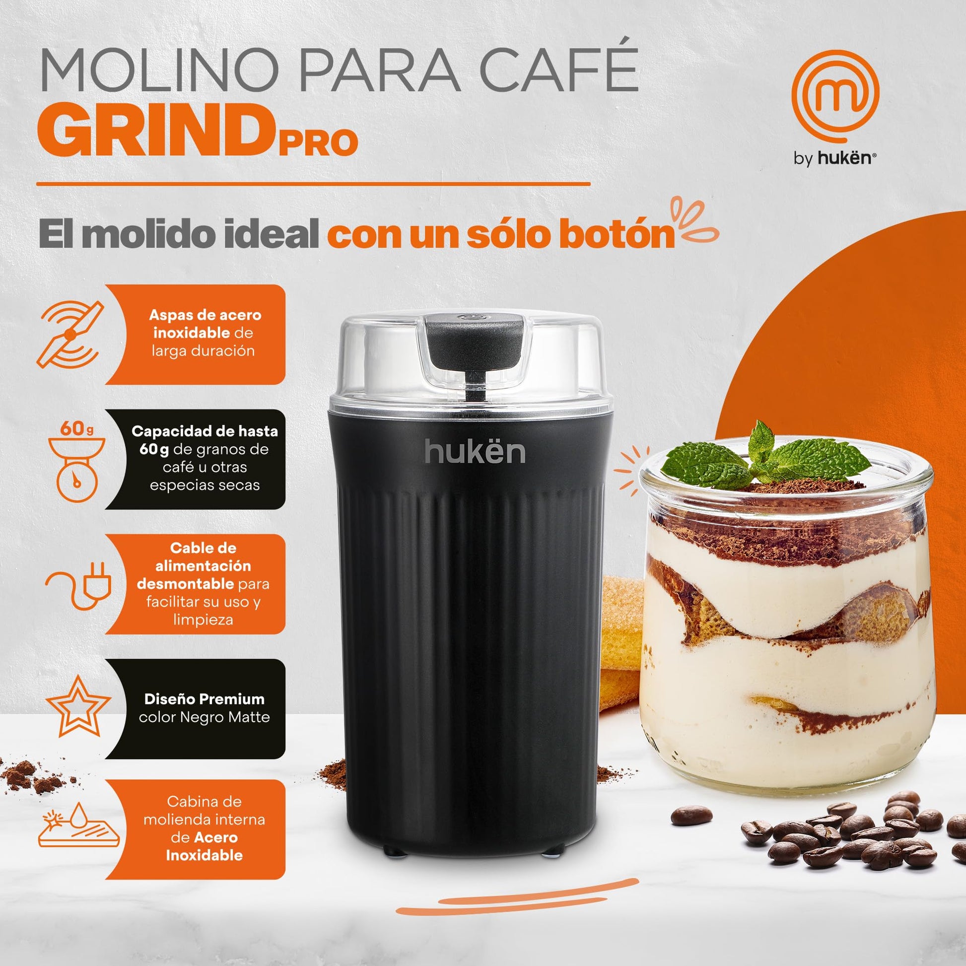 Hukën x MasterChef | Molino Eléctrico de Café y Especias | Negro Matte | Molido Preciso | Aspas de Acero Inoxidable | Capacidad 60 g | Potencia Duradera