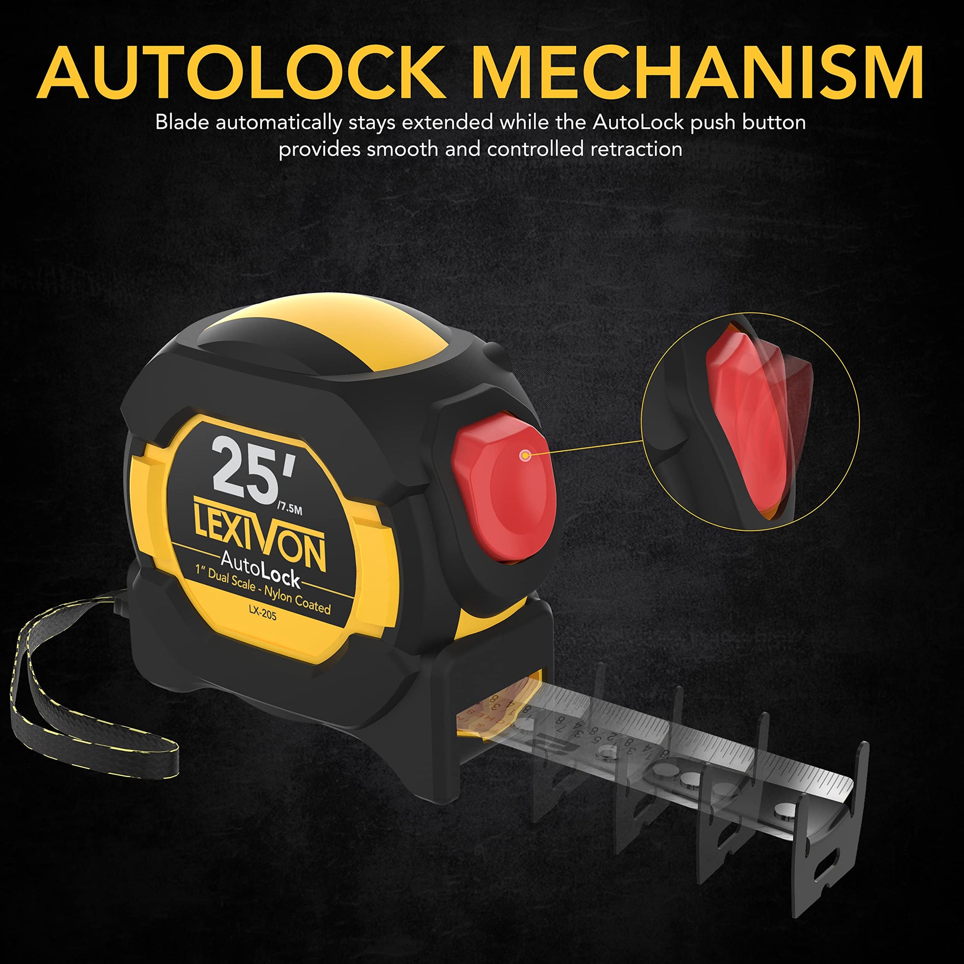 LEXIVON Cinta métrica AutoLock de 25 pies / 7.5 m | Hoja de 1 pulgada de ancho con revestimiento de nailon, acabado mate, impresión de regla de doble cara blanca y amarilla | Pies/Fracciones/métrico (LX-205)
