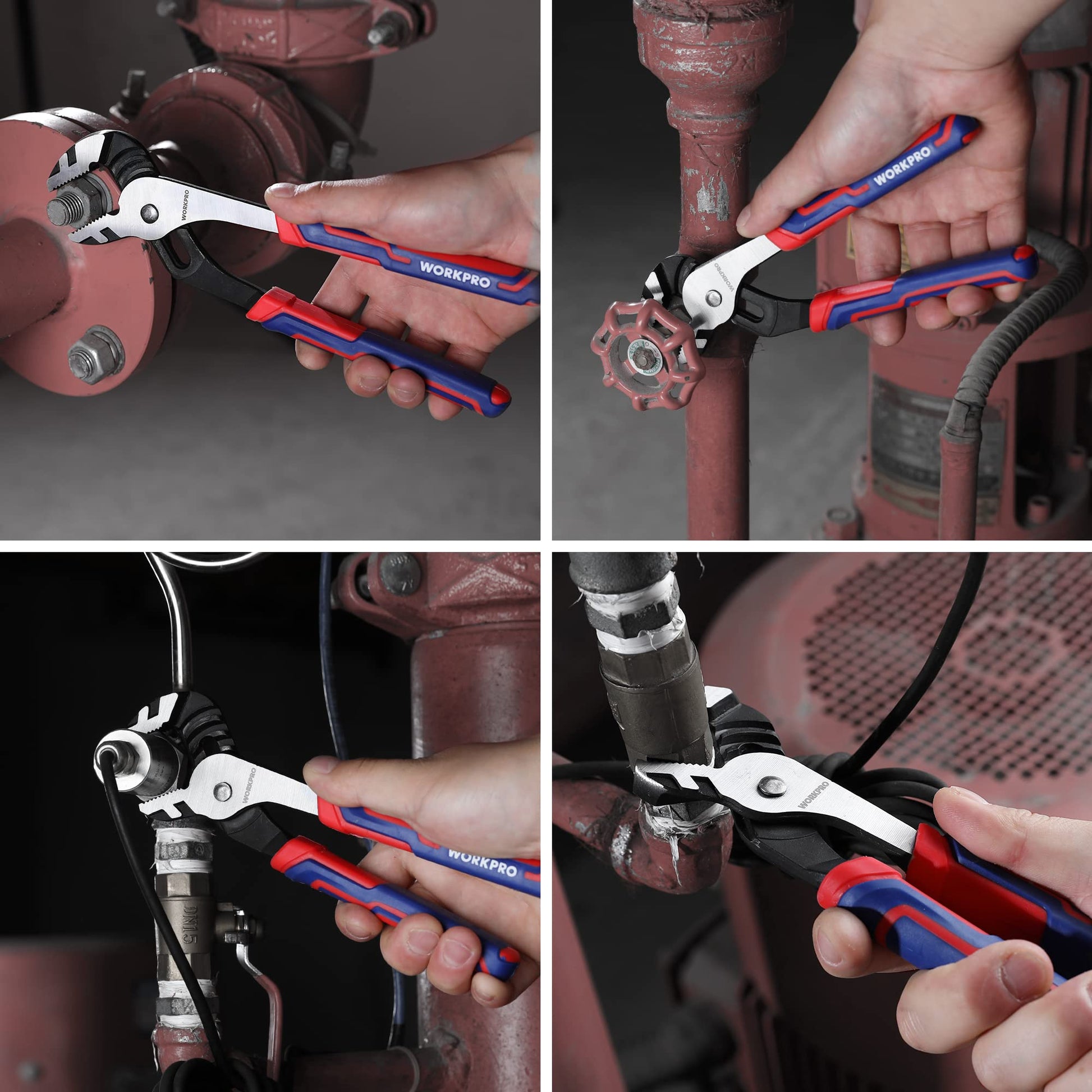 WORKPRO Juego de 3 alicates ajustables de 12/10/8 pulgadas, alicates de mandíbula recta en acero CRV para reparación del hogar, agarre, tuercas, pernos, tuberías y accesorios