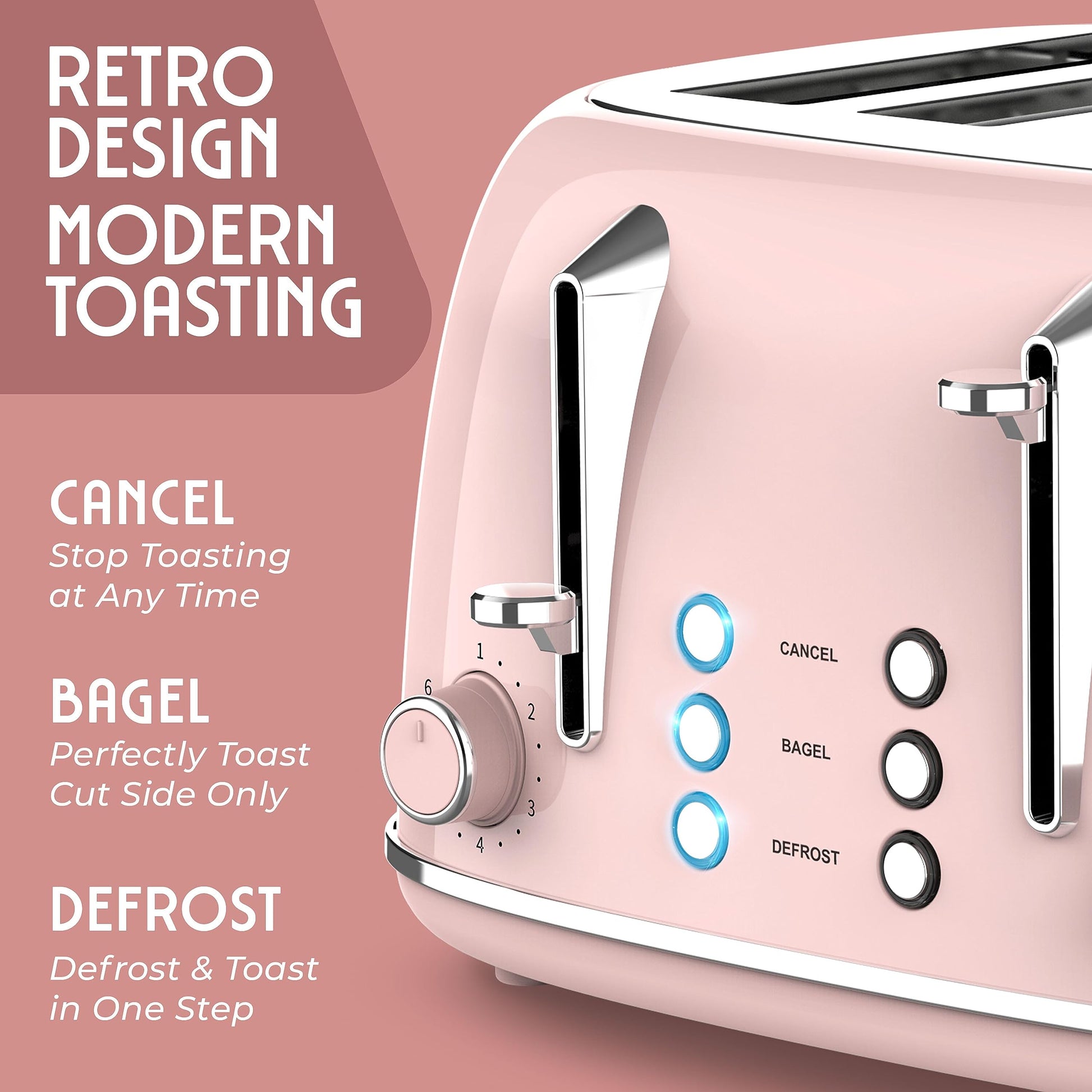 Mueller Retro Toaster 4 Slice with Extra Wide Slots Bagel, Defrost, Reheat, Cancel Function, 6 Browning Levels, Dual Independent Control Panel, Removable Crumb Tray and High Lift Lever, Pink