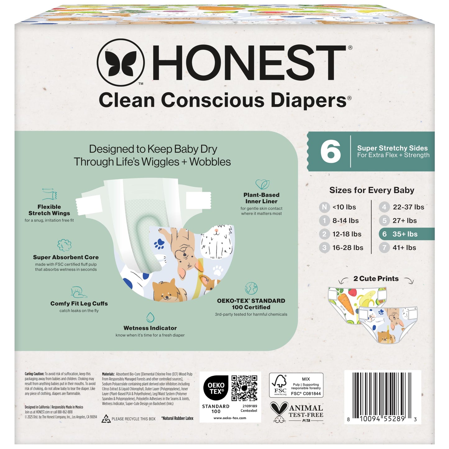 The Honest Company Clean Conscious - Pañales para pieles delicadas, hasta un 100% a prueba de fugas, hipoalergénicos, sin fragancia, género neutro, caja Club, tamaño 6 (35+ libras), 40 unidades
