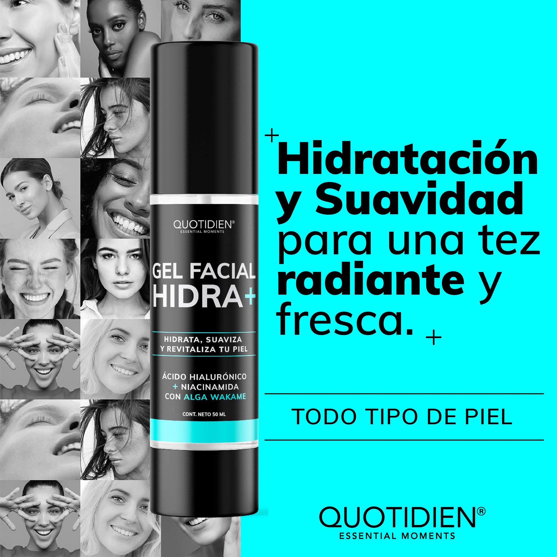 Gel Hidratante Facial con Ácido Hialurónico + Niacinamida + Alga Wakame | 97% Ingredientes Naturales | Hidratación Extrema | Suavidad | Aumenta la Luminosidad Natural de tu Piel | Oil-Free | Ideal Para Todo Tipo de Piel | Crema Hidratante facial de rápida