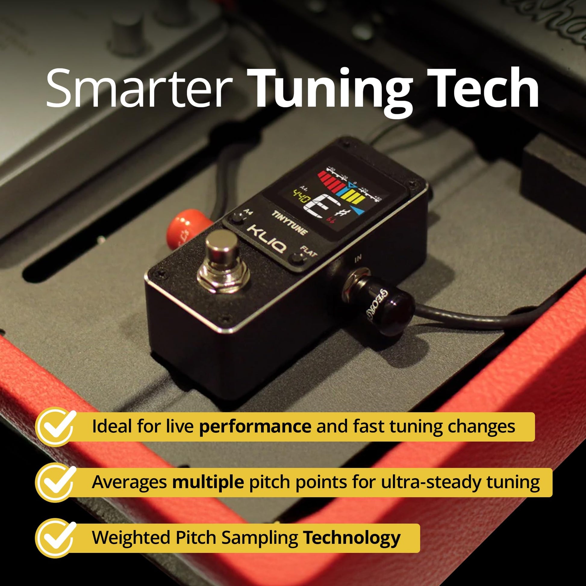 KLIQ TinyTune Pro - Pedal sintonizador de escenario para guitarra y bajo con cambio de derivación verdadero, calibración de tono y afinación plana (se requiere fuente de alimentación)