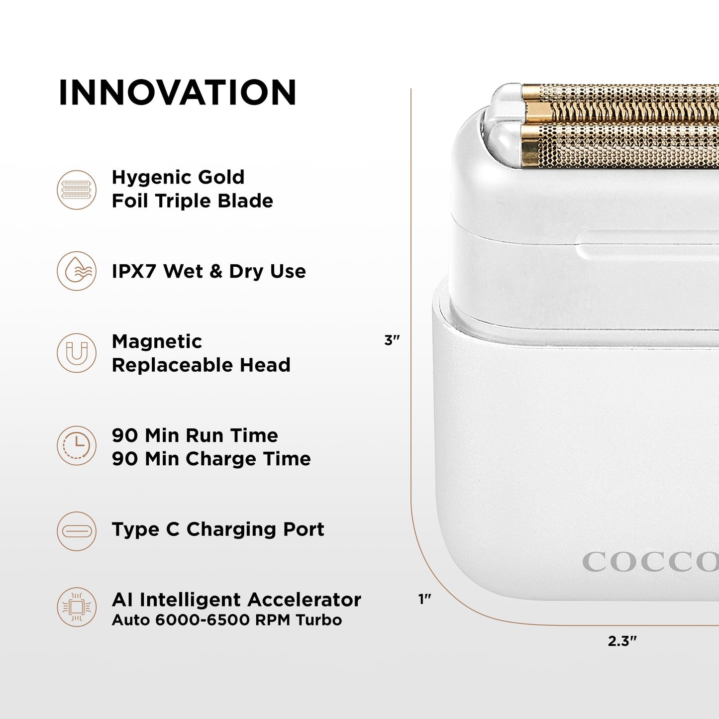Cocco Afeitadora Impacto, Triple Hoja Dorada Higiénica, para Uso en Seco y Húmedo, Cabezal Magnético Reemplazable, Acelerador Inteligente, 90 Min de Autonomía, Blanca