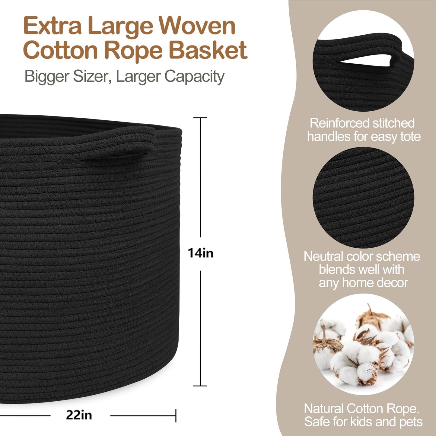 MEGASKET Cesta grande de manta negra, 55.88 x 55.88 x 35.56 cm, cestas de cuerda tejida para almacenamiento, cestas de almacenamiento de juguetes para perros para niños, cestas organizadoras,