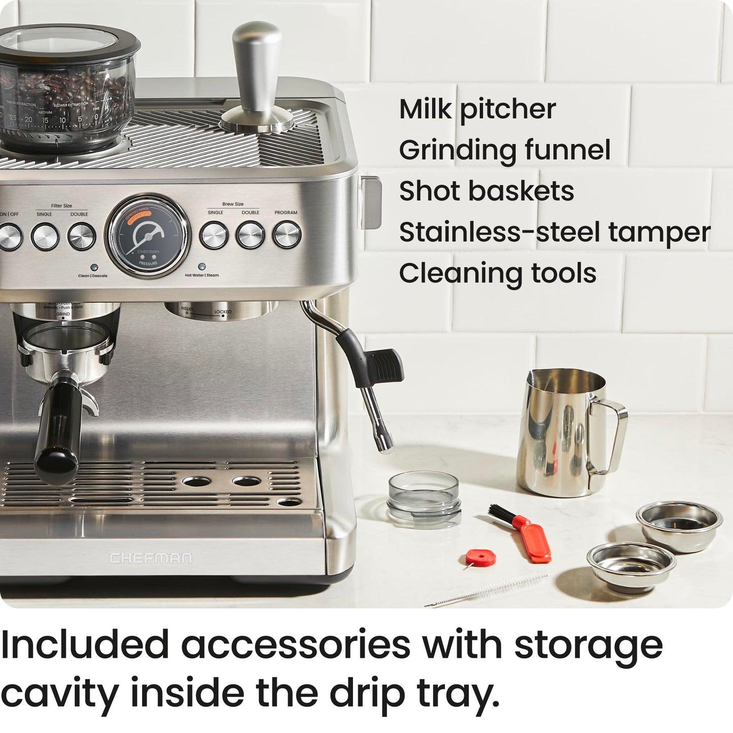 Chefman Crema Supreme - Máquina de café expreso de 15 barras con espumador de leche, barra de vapor Barista, cafetera profesional con molinillo de café, 30 ajustes de molienda, tanque de agua