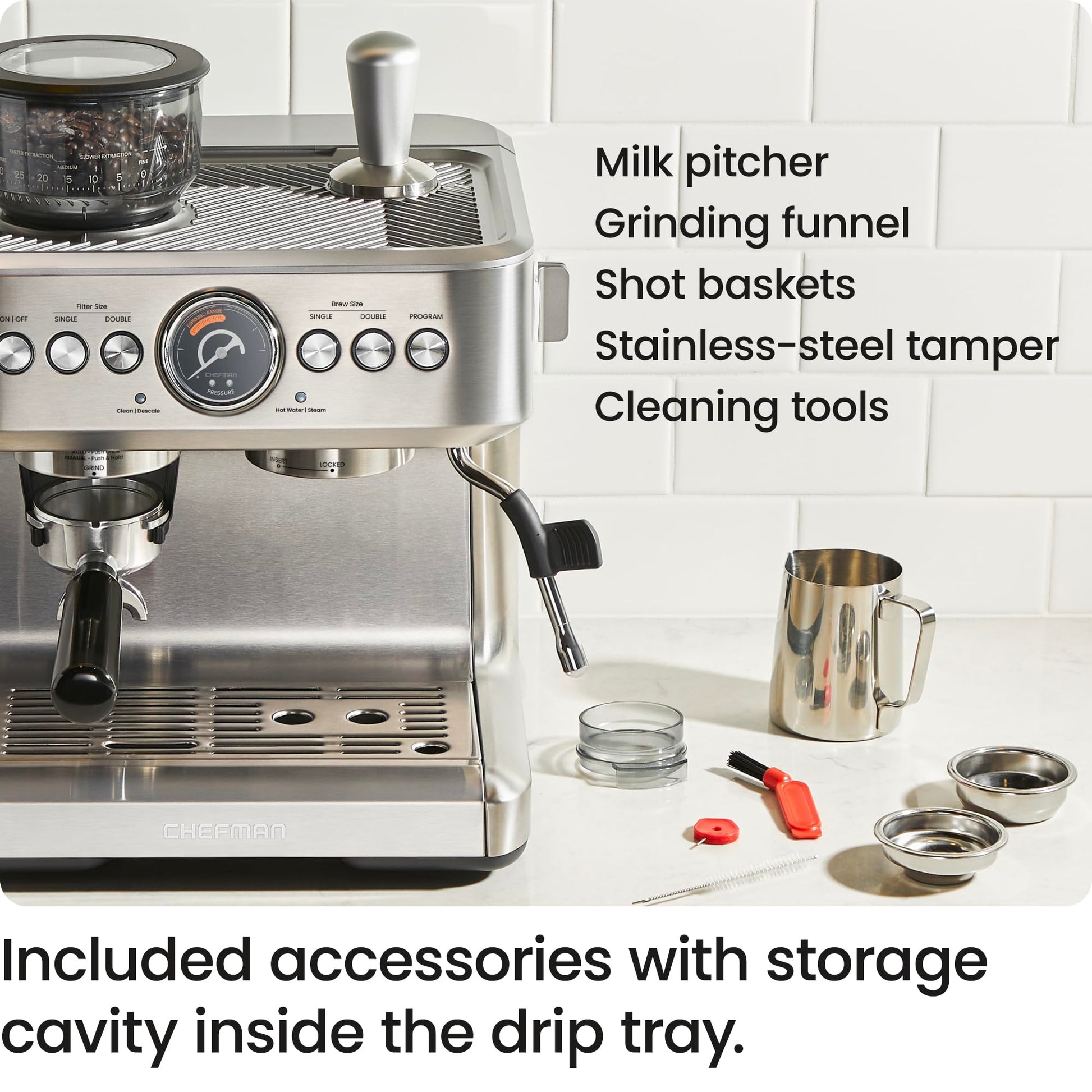 Chefman Crema Supreme - Máquina de café expreso de 15 barras con espumador de leche, barra de vapor Barista, cafetera profesional con molinillo de café, 30 ajustes de molienda, tanque de agua