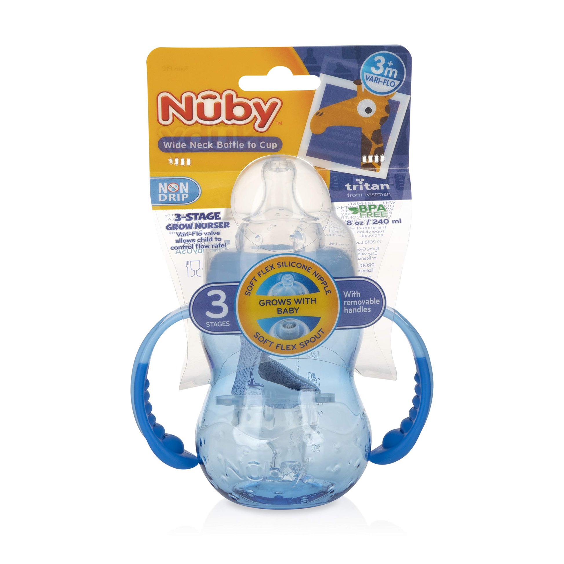 Botella de Cuello Ancho Nuby Multicolor sin Goteo de 3 Etapas para Niños