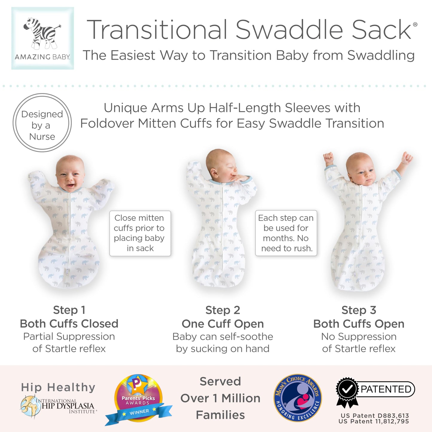Increíble Saco de transición para bebé con Brazos hasta Medias Mangas y puños de manopla, pequeño, 0-3 Meses, 6-14 Libras, pequeños Elefantes, Azul (Envolvente de Brazos Arriba, Saco de Dormir de