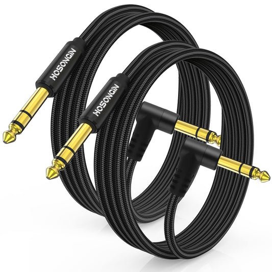 HOSONGIN Cable de instrumento TRS de 1/4 pulgadas, paquete de 2 unidades, de 10 pies, ángulo recto a recto 6.35 mm, cable de audio estéreo masculino, línea de interconexión equilibrada para guitarra eléctrica, bajo, teclado, mezclador, amplificador, altav