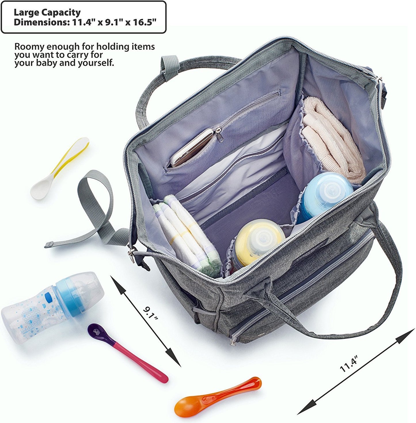 Mochila Pañalera Moderna Gran Capacidad para Bebé mamá y papá, Resistente Bolsa al Agua Cambiador, Gris