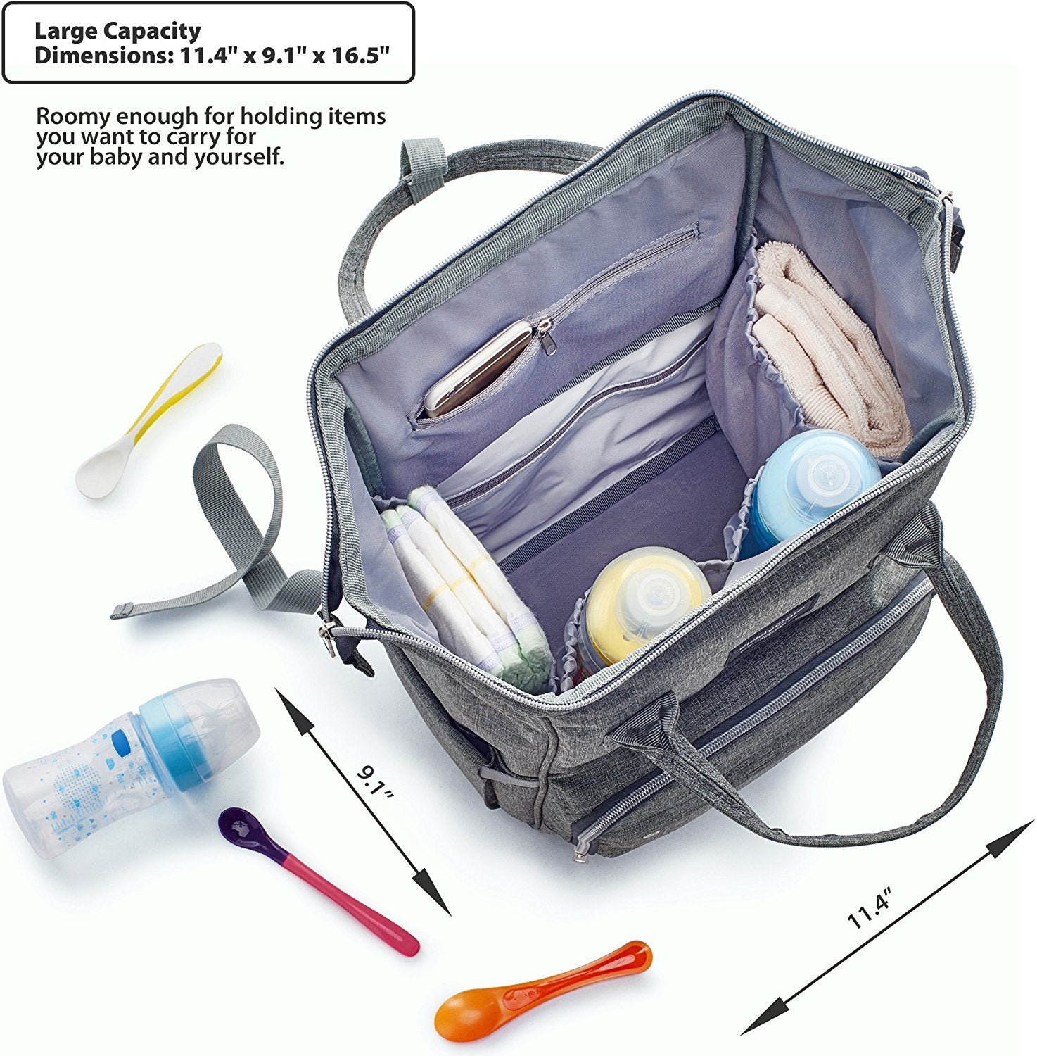 Mochila Pañalera Moderna Gran Capacidad para Bebé mamá y papá, Resistente Bolsa al Agua Cambiador, Gris