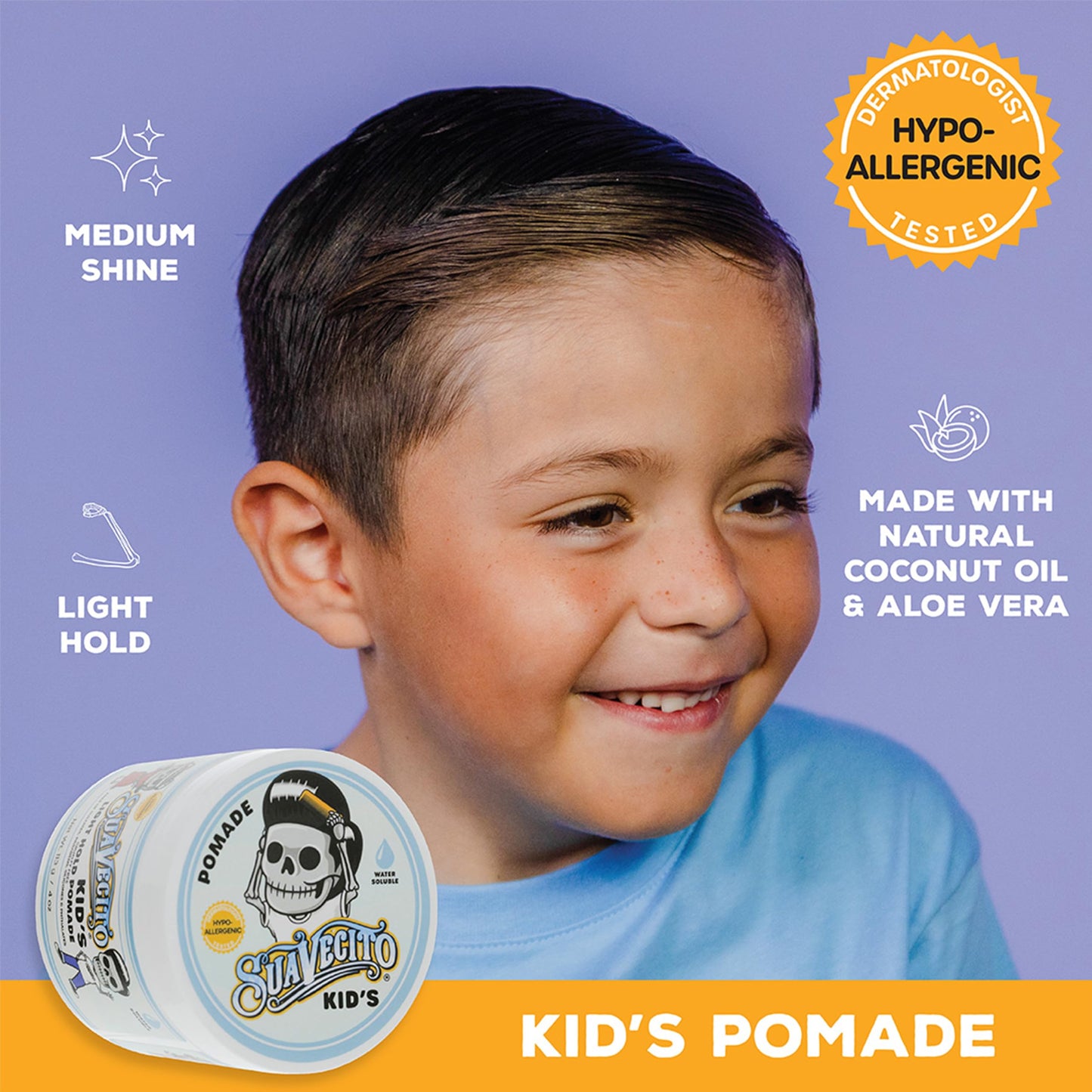 Suavecito Kid'S Pomade Calming Manzanilla Aroma Light Hold 4 Oz. - Gel Para El Cabello Libre De Escamas A Base De Agua - Probado Por Dermatólogos, Fórmula Hipoalergénica - Libre De Sulfatos, Parabenos