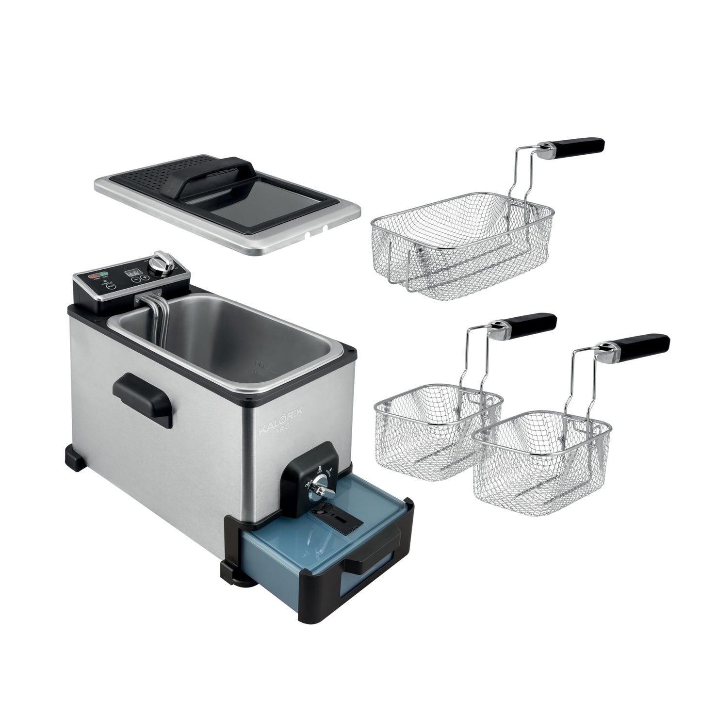 Kalorik Pro - Freidora de triple cesta de 4.2 cuartos con filtración de aceite, acero inoxidable (KPRO FT 42777 SS)