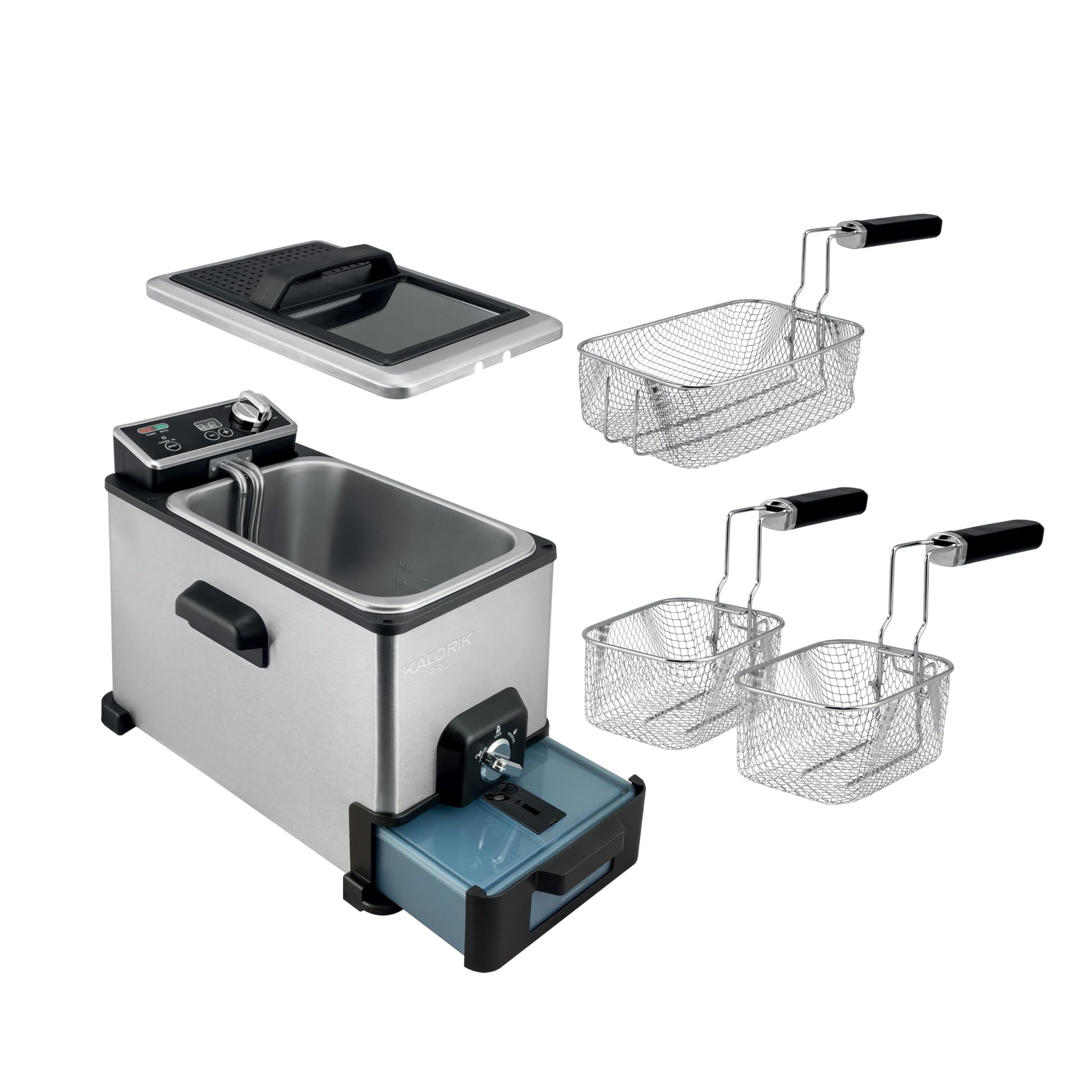 Kalorik Pro - Freidora de triple cesta de 4.2 cuartos con filtración de aceite, acero inoxidable (KPRO FT 42777 SS)