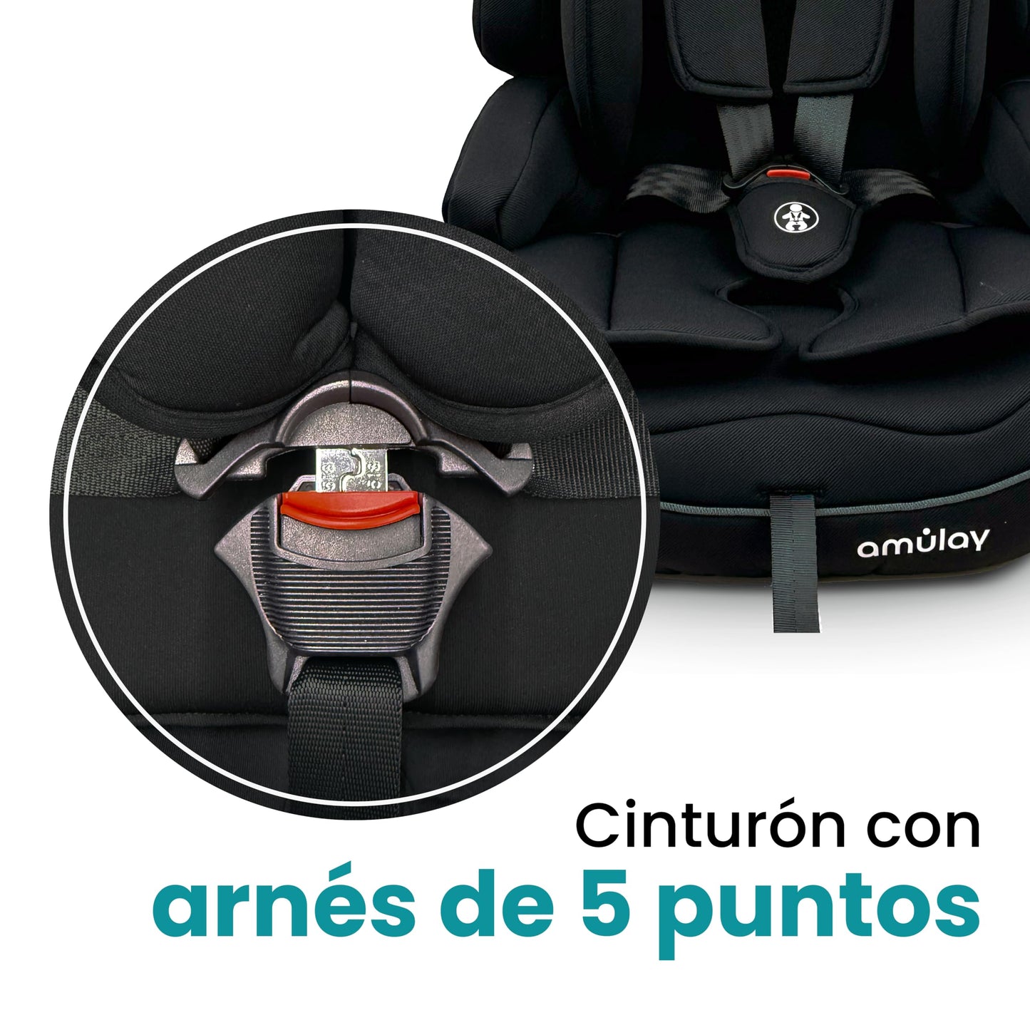 Amulay | Autoasiento para Bebe de 9 a 36 kg | Booster Car Seat con Arnés de 5 puntos, Respaldo Reclinable, Cojín elevador y Reposa cabezas ajustable | Color Negro