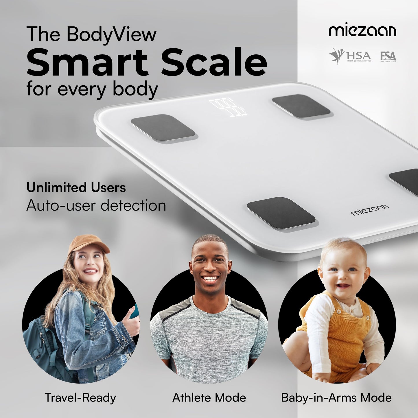 BodyView - Escala inteligente de 4 electrodos para peso corporal, báscula digital - 24 métricas - Escala con IMC, grasa corporal, mediciones de masa muscular, apto para FSA/HSA