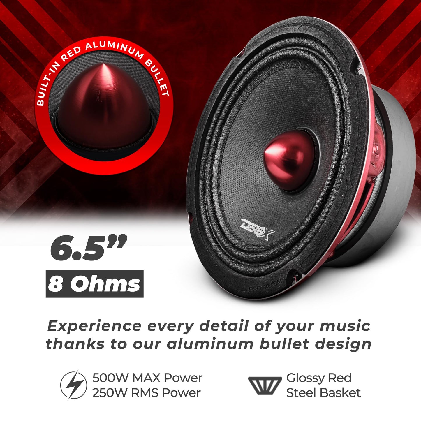 DS18 PRO-X6BM Loudspeaker - 6.5", Midrange, Red Aluminum Bullet, 500W MAX, 250W RMS, 8 Ohms - Premium Quality Audio Door Speakers for Car or Truck Stereo Sound System (1 Speaker)