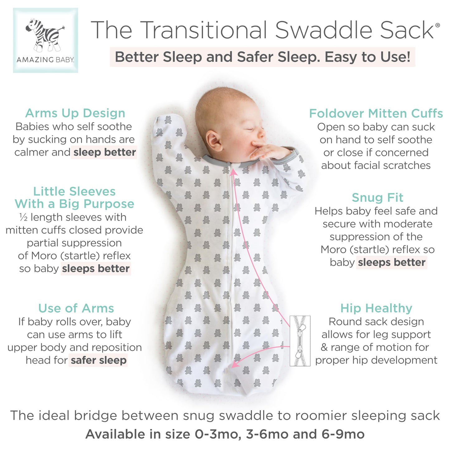 Increíble saco de transición para bebé, mangas de media longitud y puños de manopla para la transición del recién nacido al saco de dormir del bebé, manta portátil, grande, 6-9 meses, 20-24 libras,