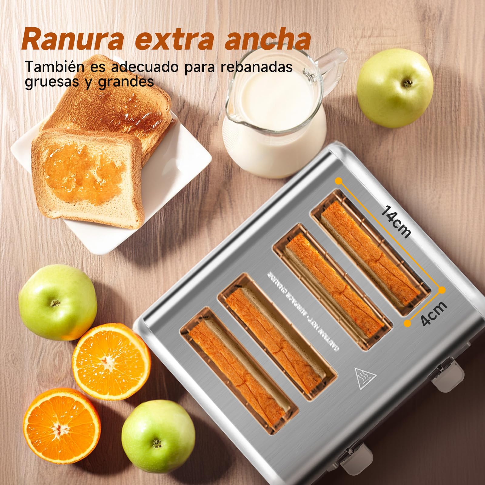 Aigostar Tostadora de Acero Inoxidable, 4 Rebanadas, Ranuras Extra Anchas, 6 Niveles de Tostado, Funciones de Cancelación/Descongelación/Recalentamiento/Bagel, Bandeja de Migas Extraíble