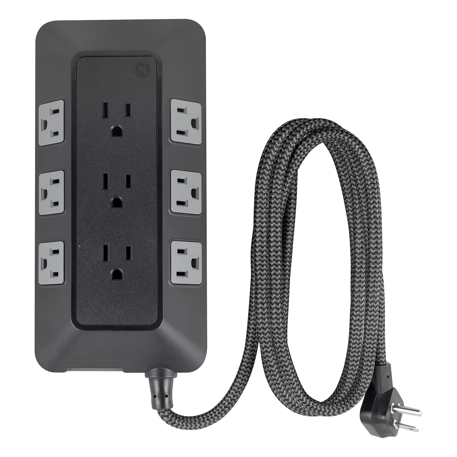GE UltraPro Adapt - Protector de sobretensiones de 9 Tomas, Cable Trenzado de 8 pies, Protector de sobretensión, Tira de alimentación de protección contra sobretensión, 2480 Julios, Negro, 73774