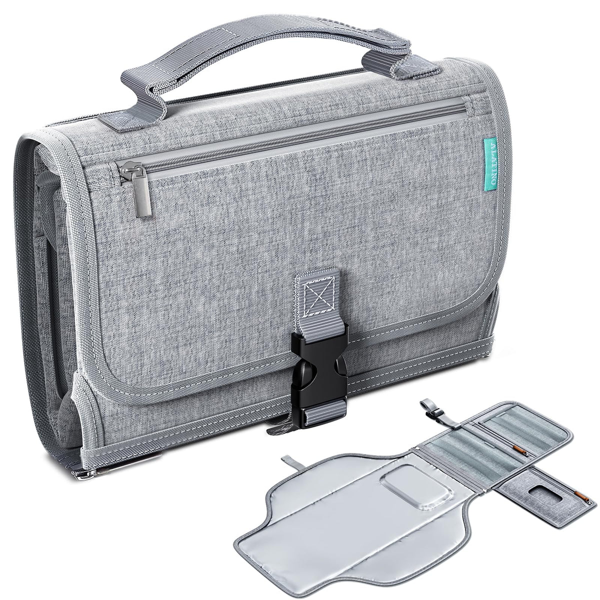 Cambiador portátil de pañales con correa para el hombro, cambiador de viaje desmontable con bolsillo para toallitas para bebé, regalos para baby shower, niñas recién nacidas y niños (Austere Grey)