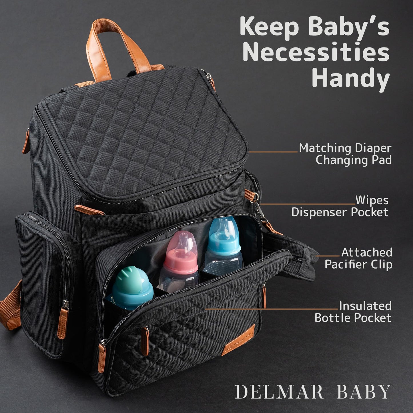 DELMAR BABY - Mochila grande para pañales – New Born Essentials para bebé – Mochila unisex para pañales, verde militar, Negro -, Large, Bolsa de pañales moderna para bebé